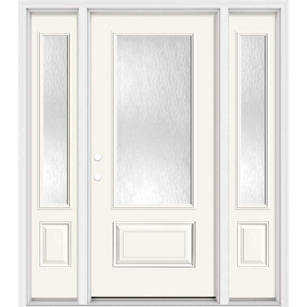 Masonite 321393 Steel Doors Series 64-in x 80-in x 4-9/16-in Steel 3/4 lite Right-hand inswing Artic White Painted Prehung Front Door with Sidelights with Brickmould Insulating core