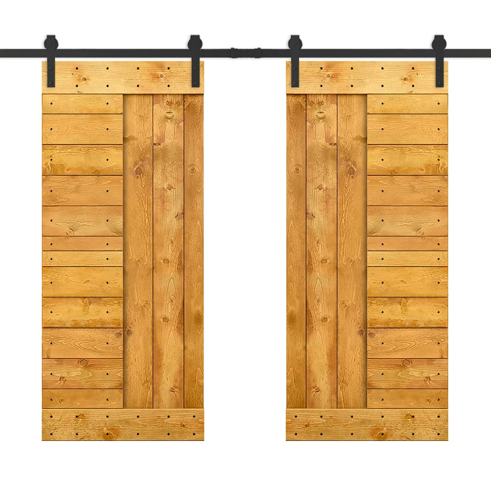 CALHOME MK-72(2+N2-24AT(2+CN 48-in x 84-in Colonial Maple Stained Pine Wood Solid core Double Barn Door (Hardware Included)