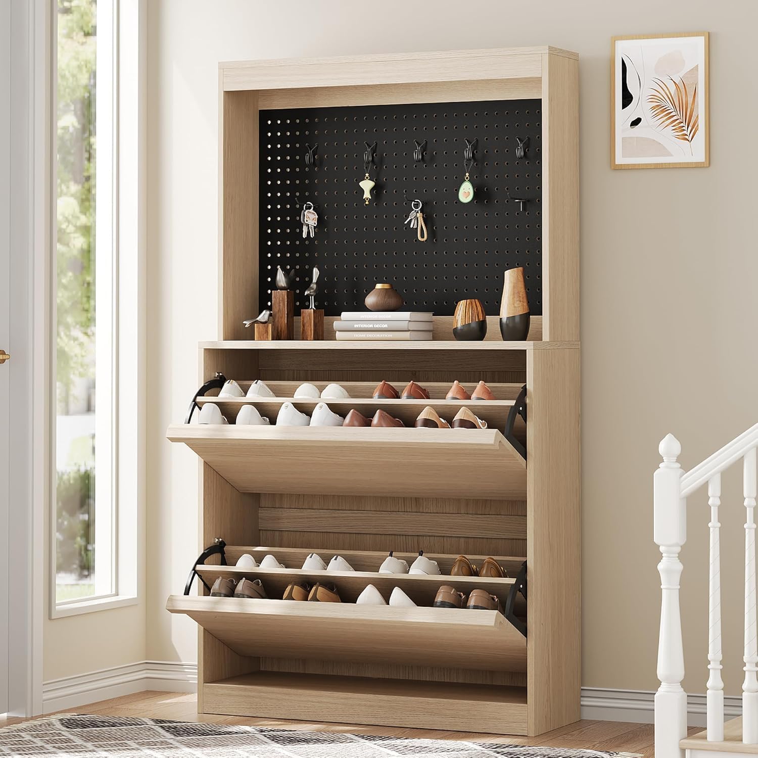 WhizMax IWAN-PHO-15G27CET Shoe Cabinet with 2 Flip Drawers and Storage Freestanding Shoe Cabinet with Hook Wooden Shoe Storage Cabinet with Adjustable Shelf Hidden Shoe Rack for Entryway Hallway Living Room