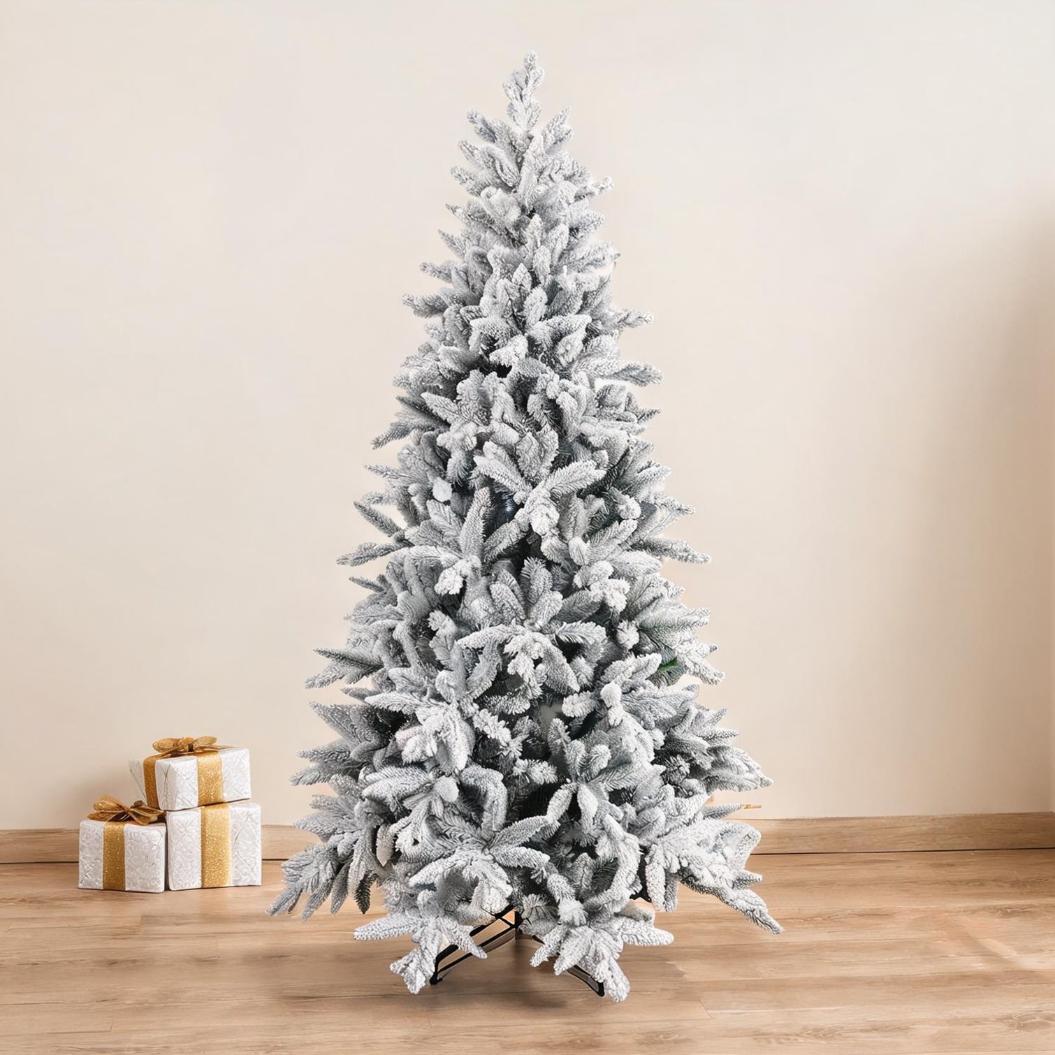 SunJet Snow-Flocked Fir with Hinged Branches Classic Green Artificial Christmas Tree 6 ft
