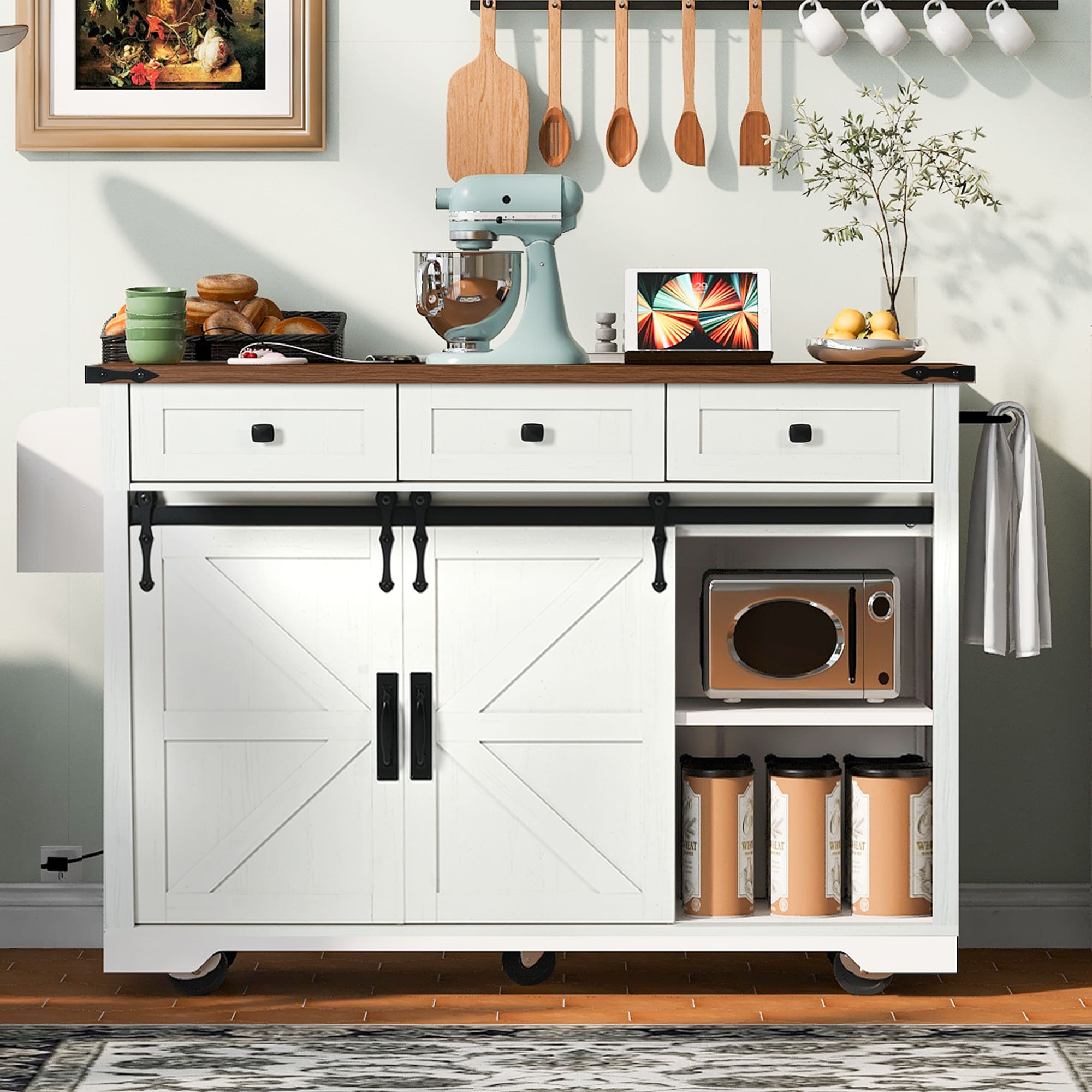 Nestfair White Composite Base with Composite Rolling Kitchen Cart ( 29-in x 54-in x 37-in )