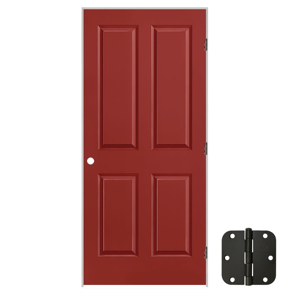 Masonite 627191 36-in x 80-in Barn Red Solid core 4 panel square Left hand Smooth Prefinished Molded composite Flat Jamb Single Prehung Interior Door