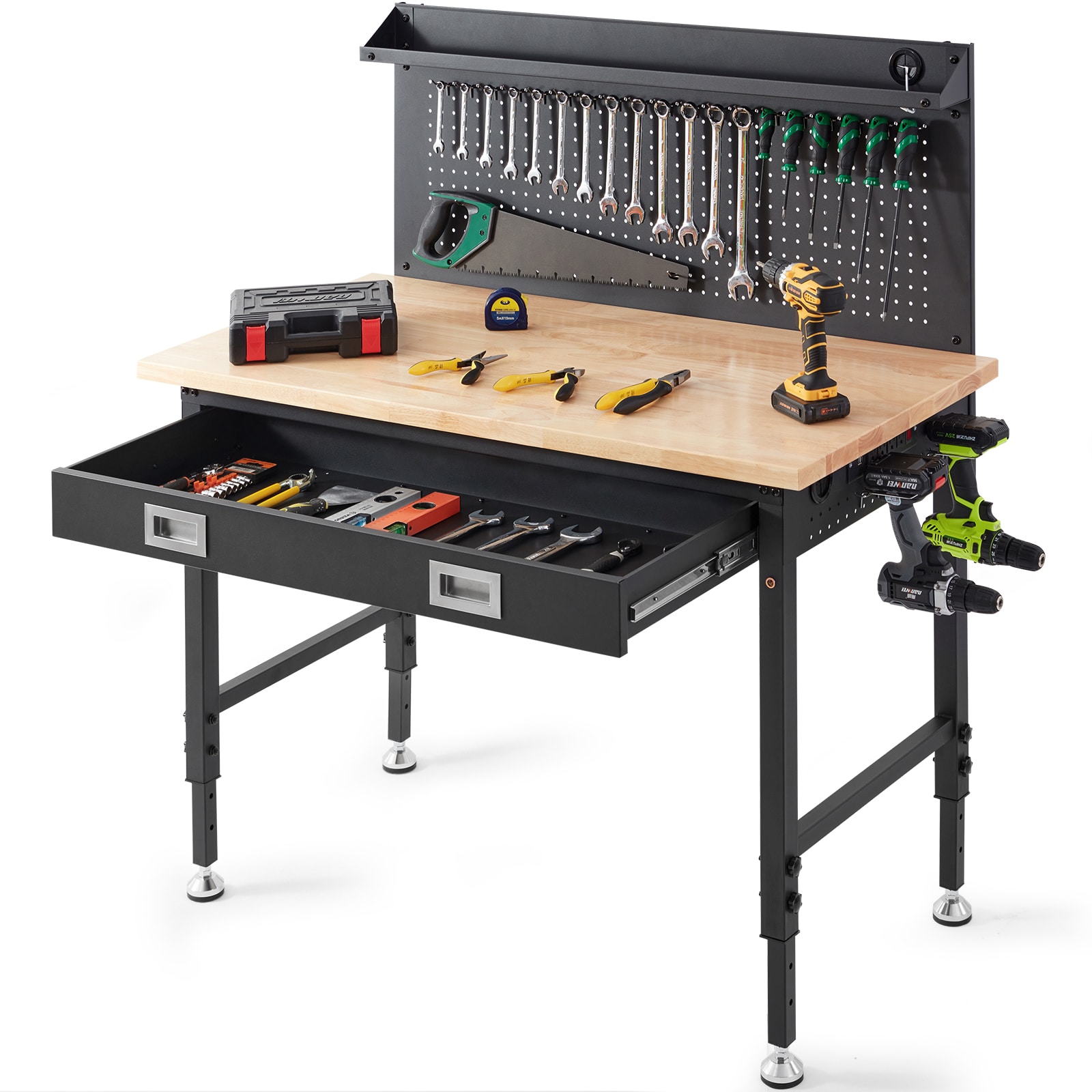 VEVOR Workbench Adjustable Height 28-39.5in Work Bench For Garage Oak Plank and Carbon Steel Heavy Duty Workbench 2000lbs Weight Capacity Bench top Size 48x24in Hardwood Workbench 3m Cable 30 Hooks #SCDGBG48X24I01614V1