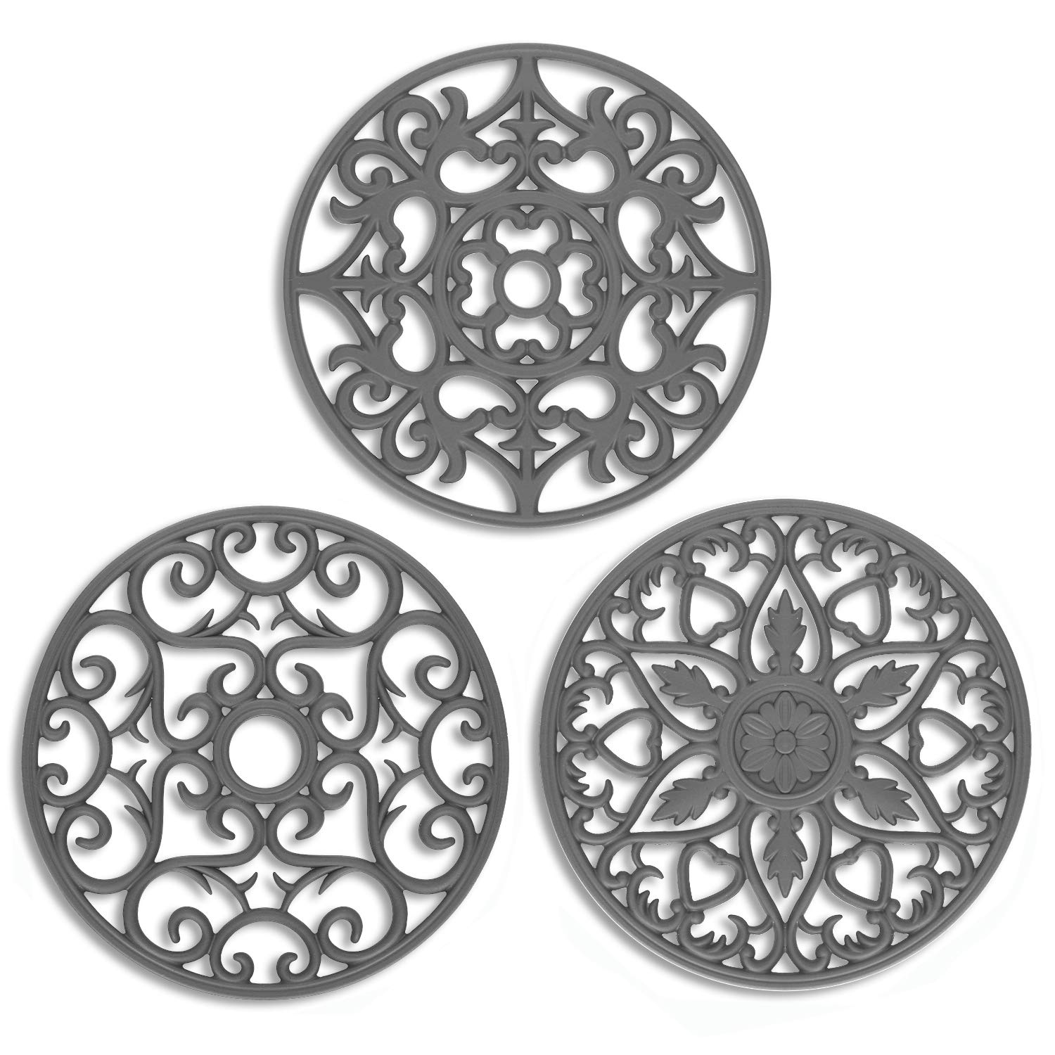 DHMHD  Silicone Trivets Set of Three Flexible Durable Non Slip Mats for Hot Dishes Pots and Pans Protect Table and Countertop Grey