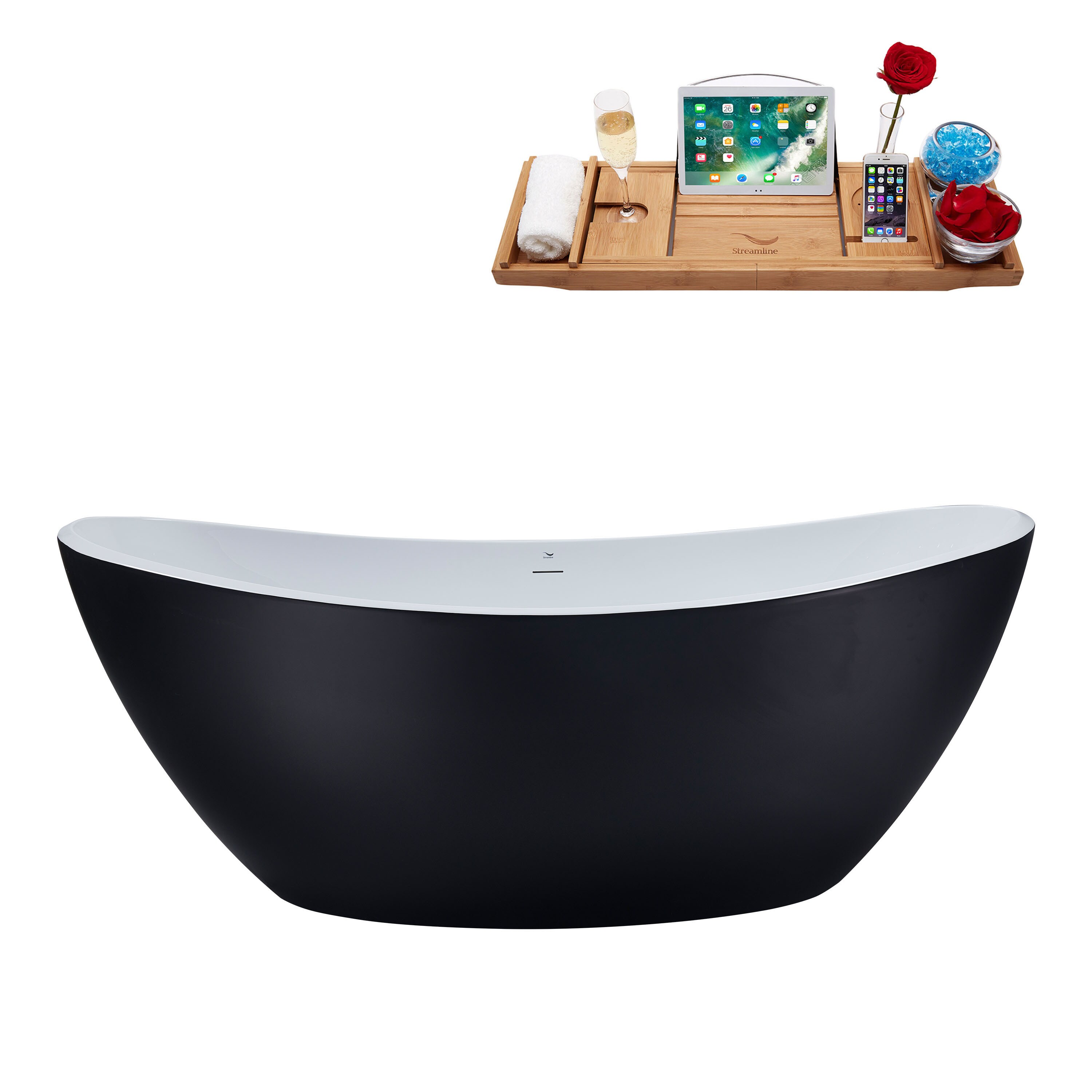 Streamline N955BL 35.4-in x 74.8-in Matte Black Acrylic Oval Freestanding Soaking bathtub with Drain ( Center Drain )