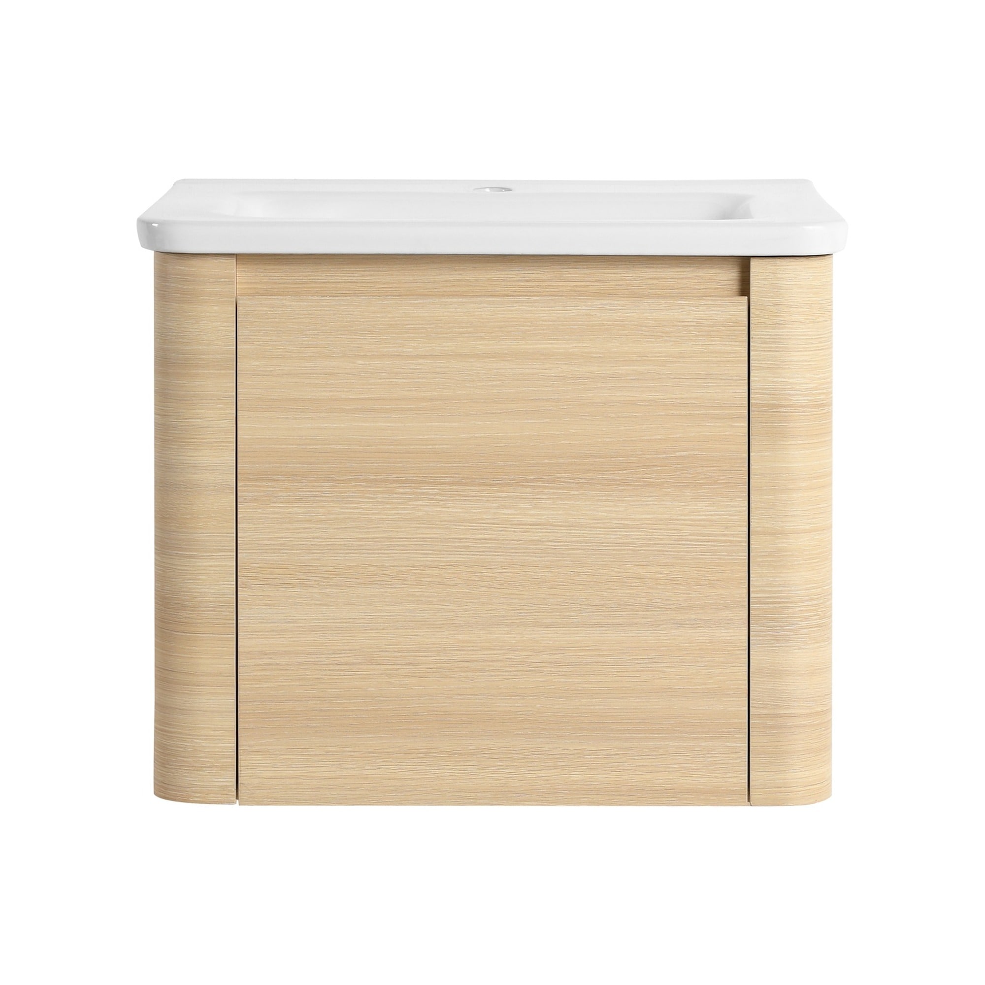 IAK 24 inch American White Oak Wall-Mounted Bathroom Vanity with White Ceramic Sink and Soft-Close Door