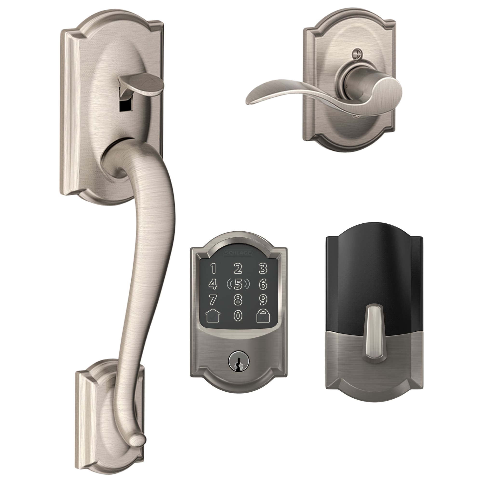 Schlage F Series Accent-Camelot Satin Nickel No Deadbolt Reversible Privacy  Door Handle 09519