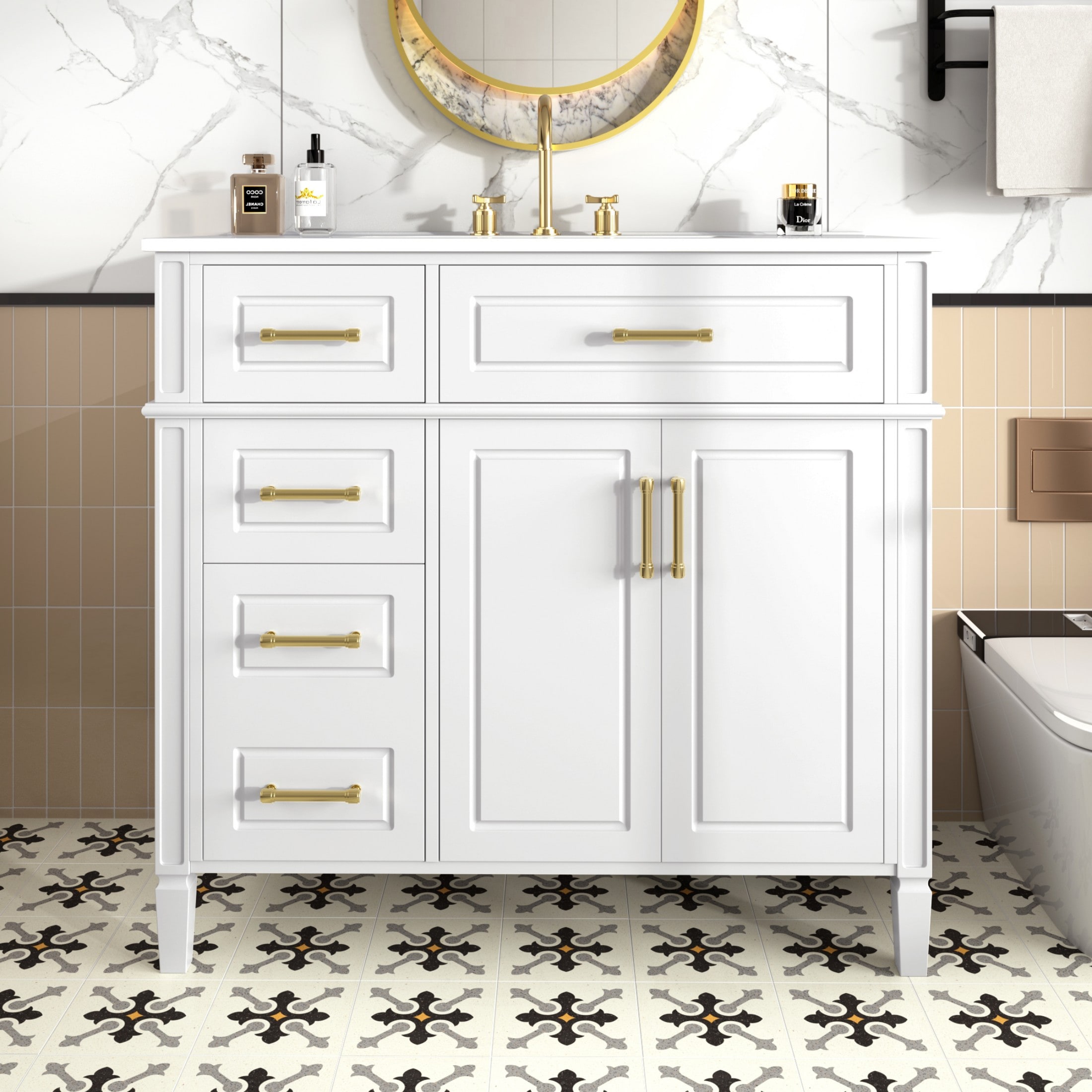 Poinic Assembly Required 36-in White Undermount Single Sink Bathroom Vanity with White Ceramic Top