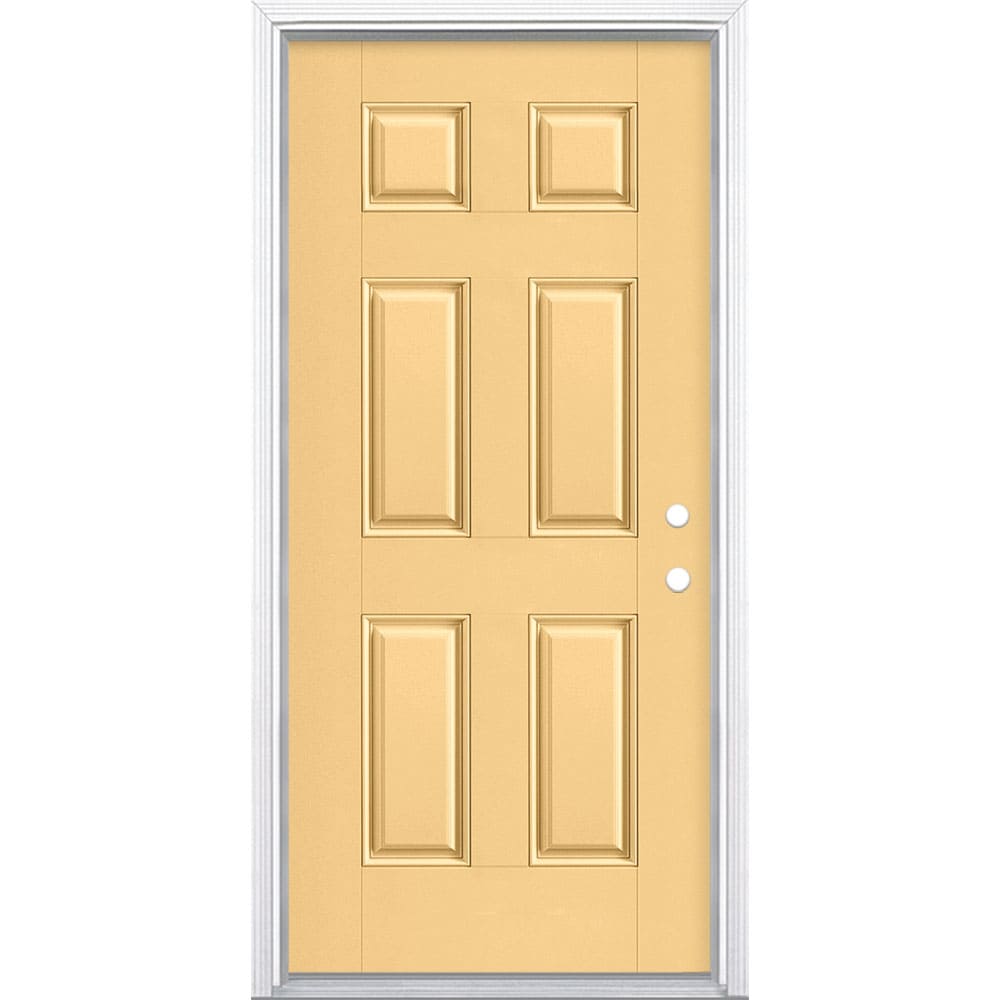 Masonite 1218341 36-in x 80-in x 4-9/16-in Fiberglass No glass Left-hand inswing Cabana Yellow Painted Prehung Front Door with Brickmould Insulating core