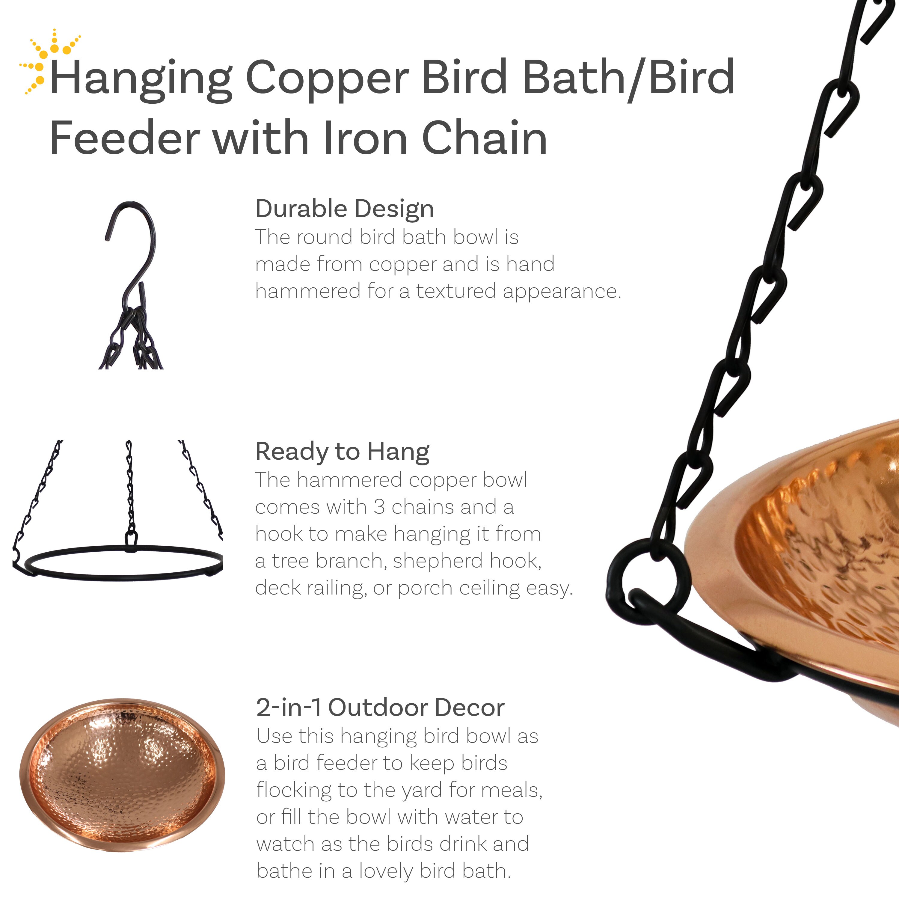 Hand-Hammered Copper Hanging Bird Bath Feeder with Iron Chains