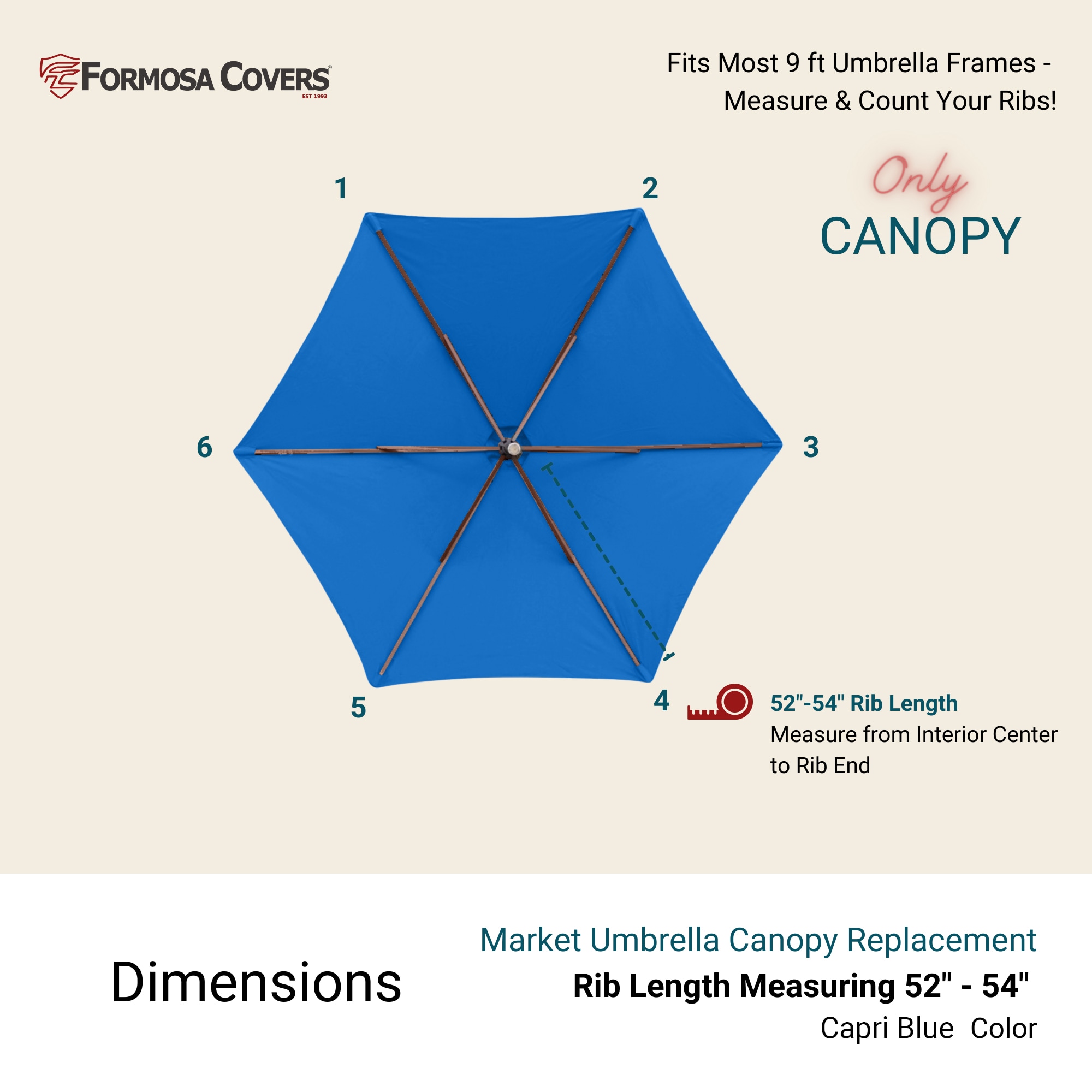 Formosa Covers TOP 6 RIB CAPRI BLUE Patio-Umbrella-Accessories - View #2