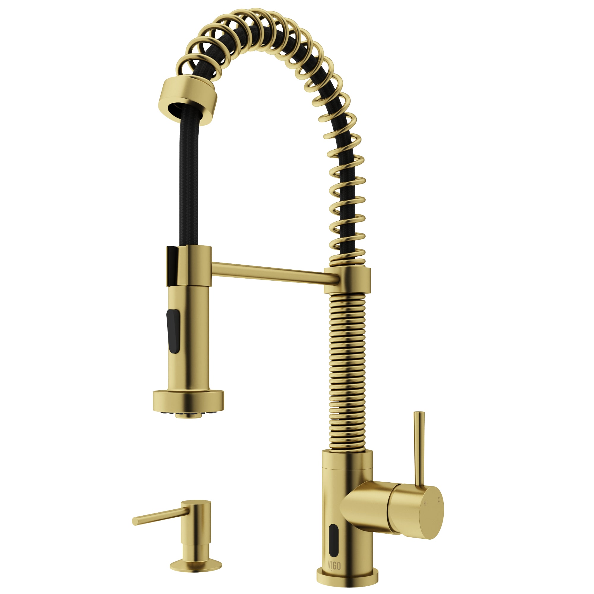 VIGO VG02001MGSK2 Edison Matte Brushed Gold Single Handle Deck-mount Touchless Pull-down Kitchen Faucet with Sprayer (Soap Dispenser Included)