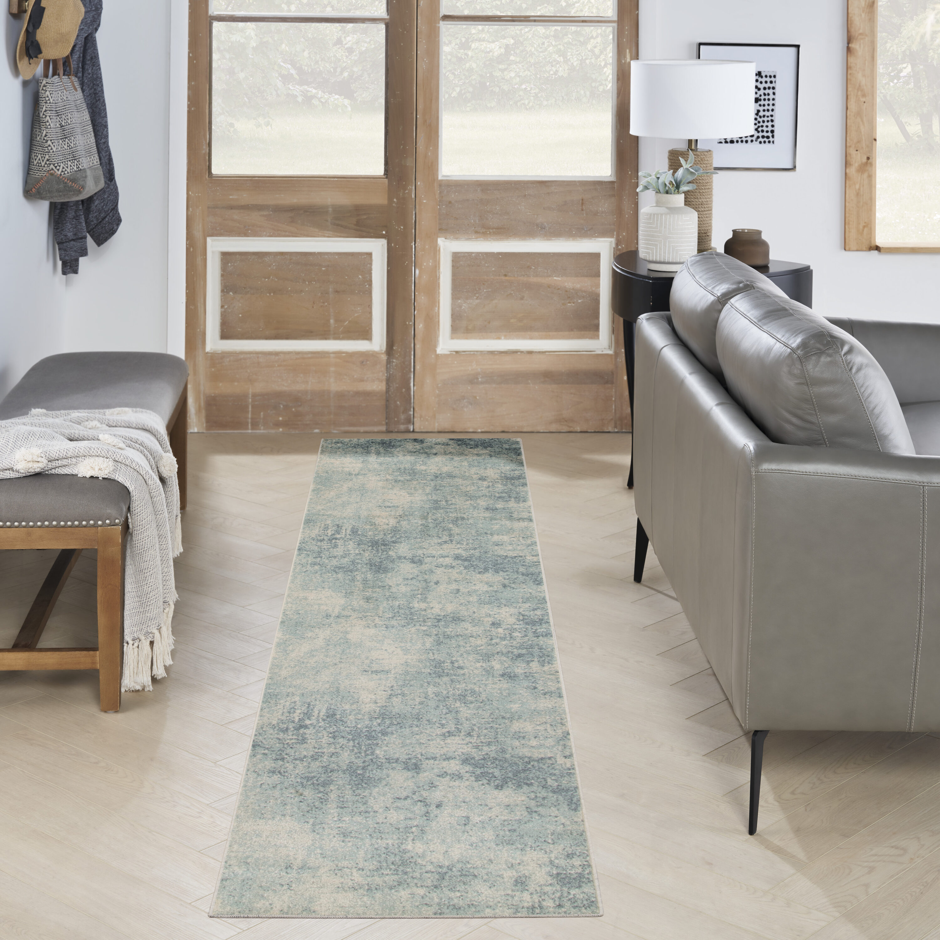 Nourison Home 099446944153 Astra Machine Washable 2 x 8 (ft) Loomed Polyester Blue Ivory Rectangular Indoor Abstract Mid-Century Modern Machine washable Runner rug