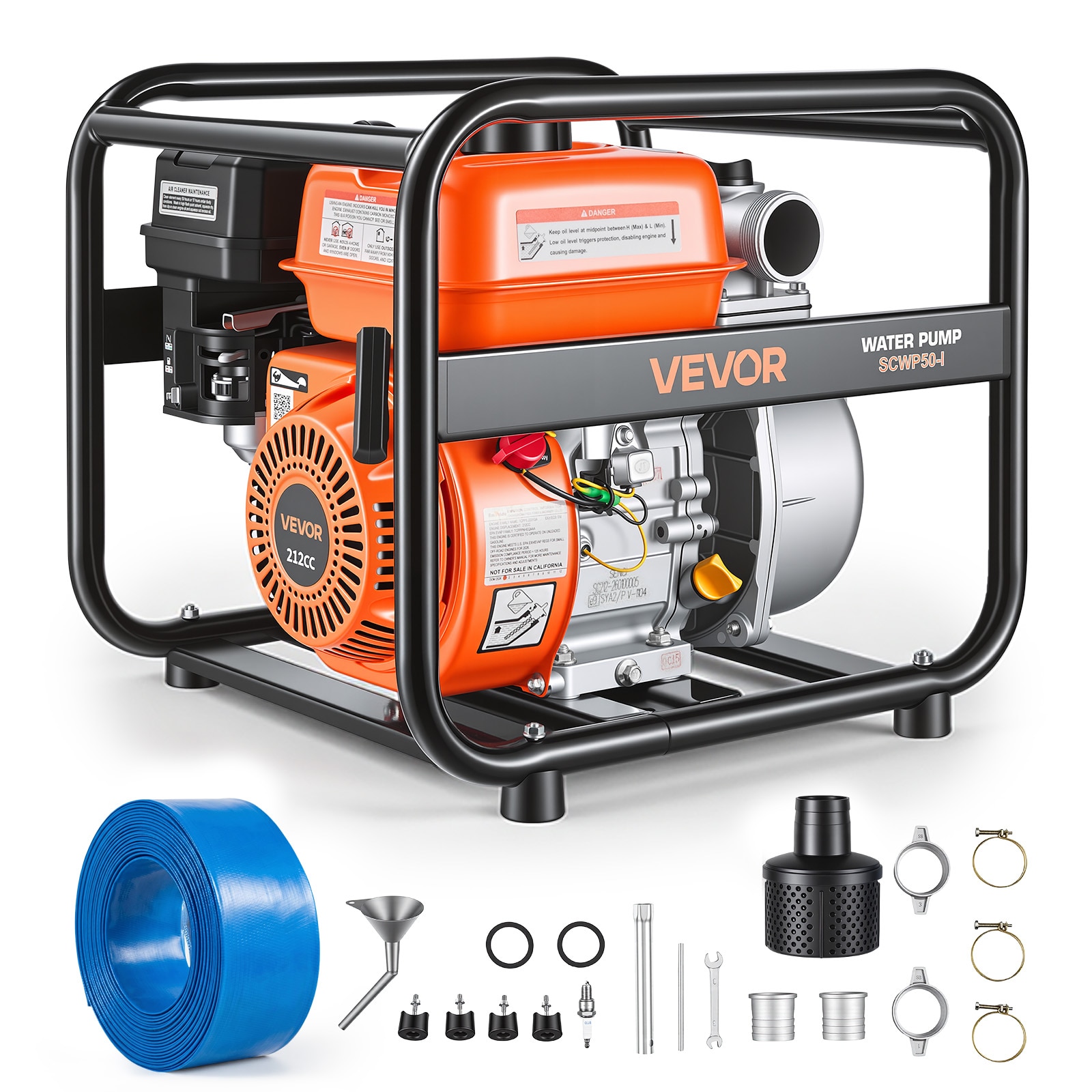 VEVOR Gas Powered Water Pump 2 in 132 GPM 6.5HP Semi Trash Water Transfer Pump Portable Gasoline Engine with 25 ft Discharge Hose Heavy Duty Frame Cast Iron Impeller for Irrigation Ponds Pools
