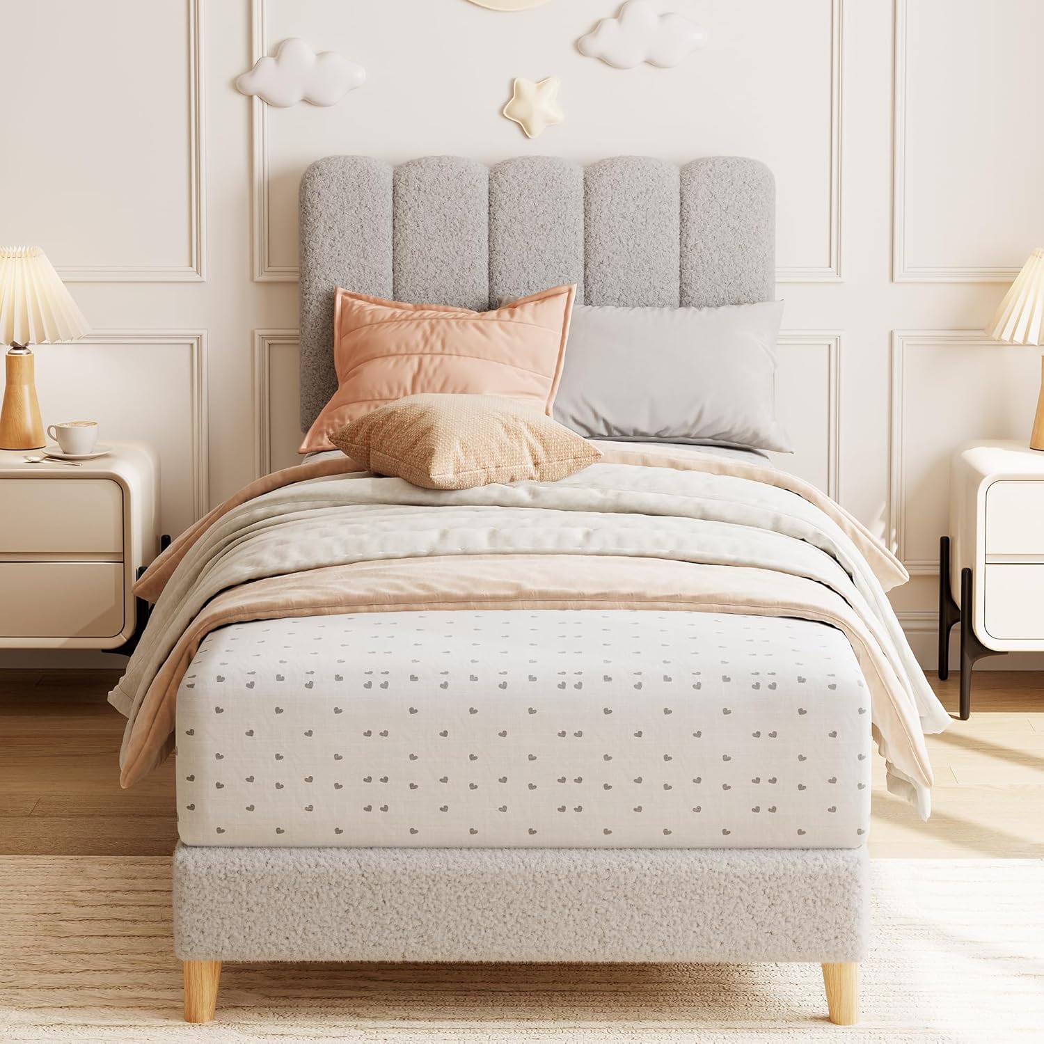 Qeetex DHZ-PHO-11BINFHO Twin Bed Frame Boucle Upholstered Platform Bed with Wave Headboard for Girls Boys Kids Easy Assembly Wooden Slats Support No Box Spring Needed Grey