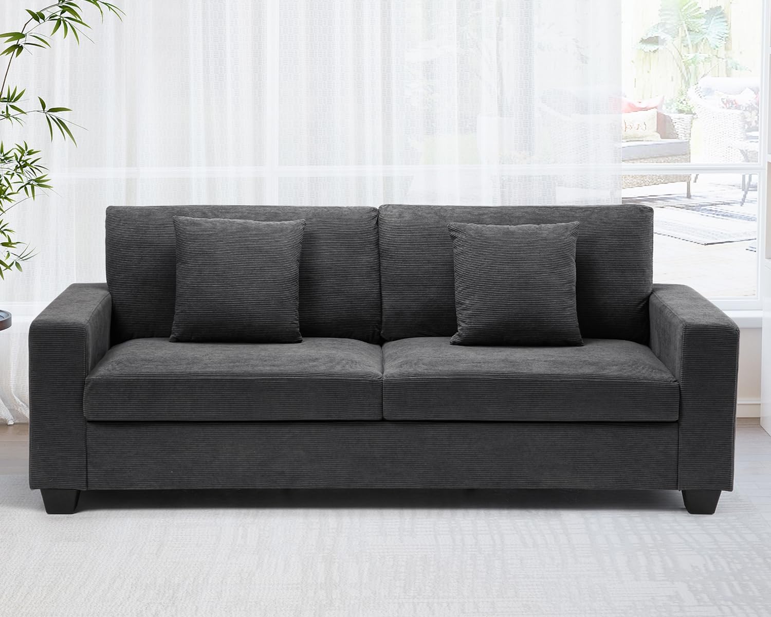 Qeetex DHZ-PHK-338FUY55 83 inch Comfy Corduroy Couches Modern Upholstered Sofa with Wide Armrests Cloud Couch with Deep Seat Sofa Sturdy Structure Easy Assemble Home Sofa for Living Room/Apartment Grey