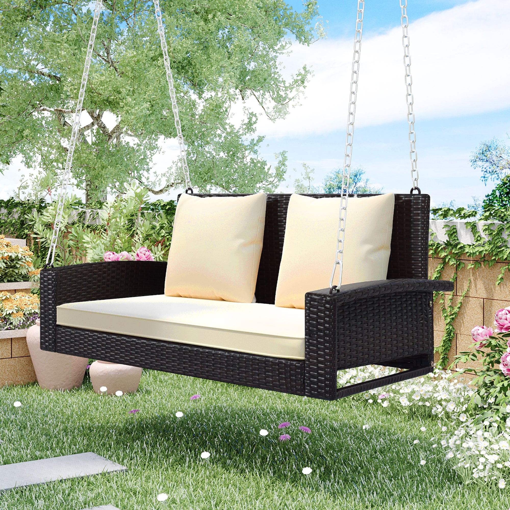 Moda Furnishings WF285005AAD Farbeeany Wicker Beige Steel Frame Glider Zero Gravity Chair with Brown Cushioned Seat