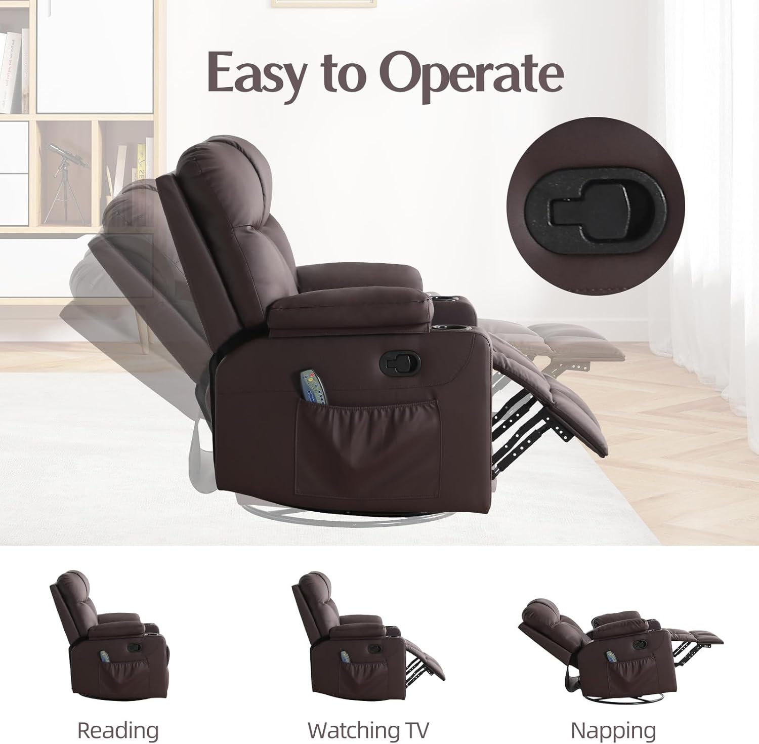 Canmov PU Leather 40-in Swivel Rocker Recliner Chair with Heated and ...
