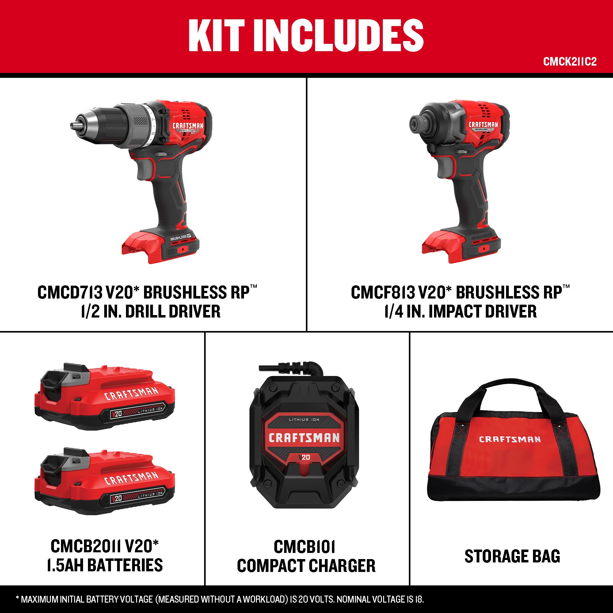 CRAFTSMAN V20 RP 20-volt Max 2-Tool Brushless Power Tool Combo Kit with Soft Case (2-Batteries Included and Charger Included)