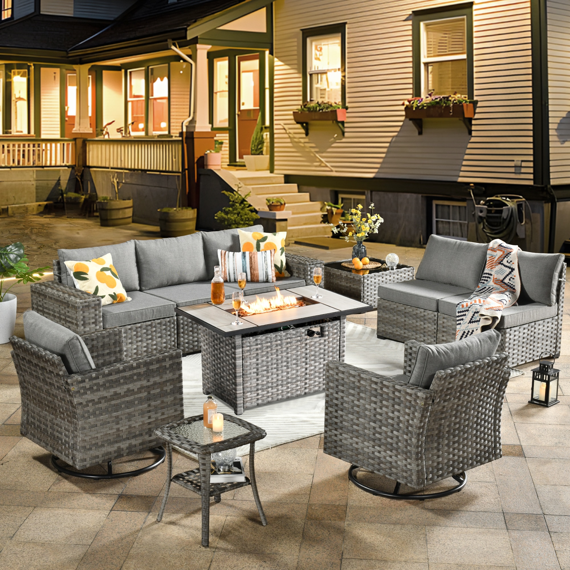 Pouuin SRFPYZBBR2-10 10 -Piece Wicker Patio Sofa Conversation Set with Gray Cushions