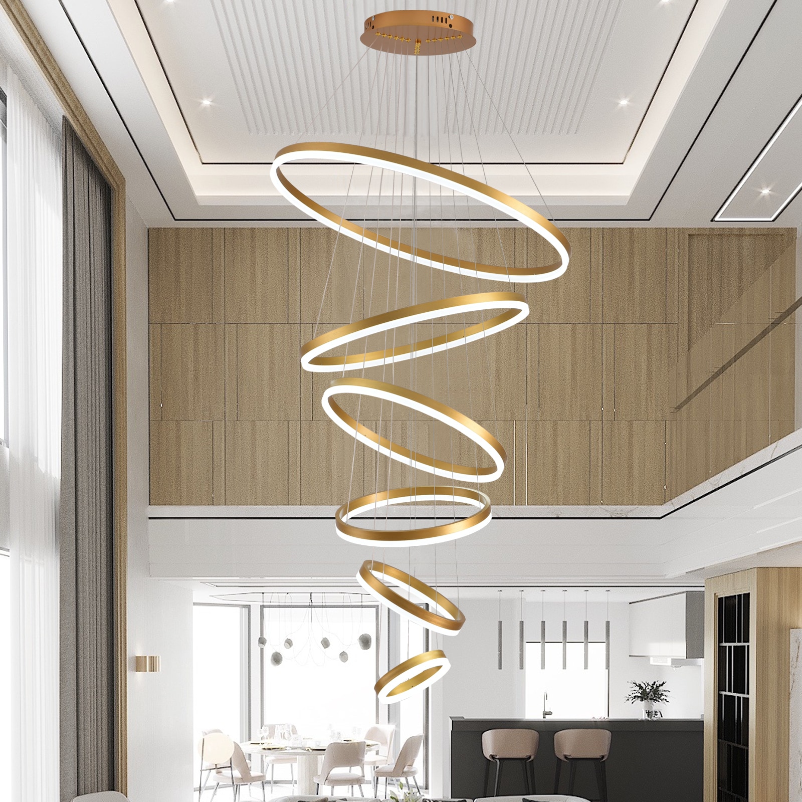 xersbav Modern 6 Rings Gold Dimmable LED Chandelier with Remote Control Large High Ceiling Pendant Light for Foyer Entryway Staircase Living Room Dining Room