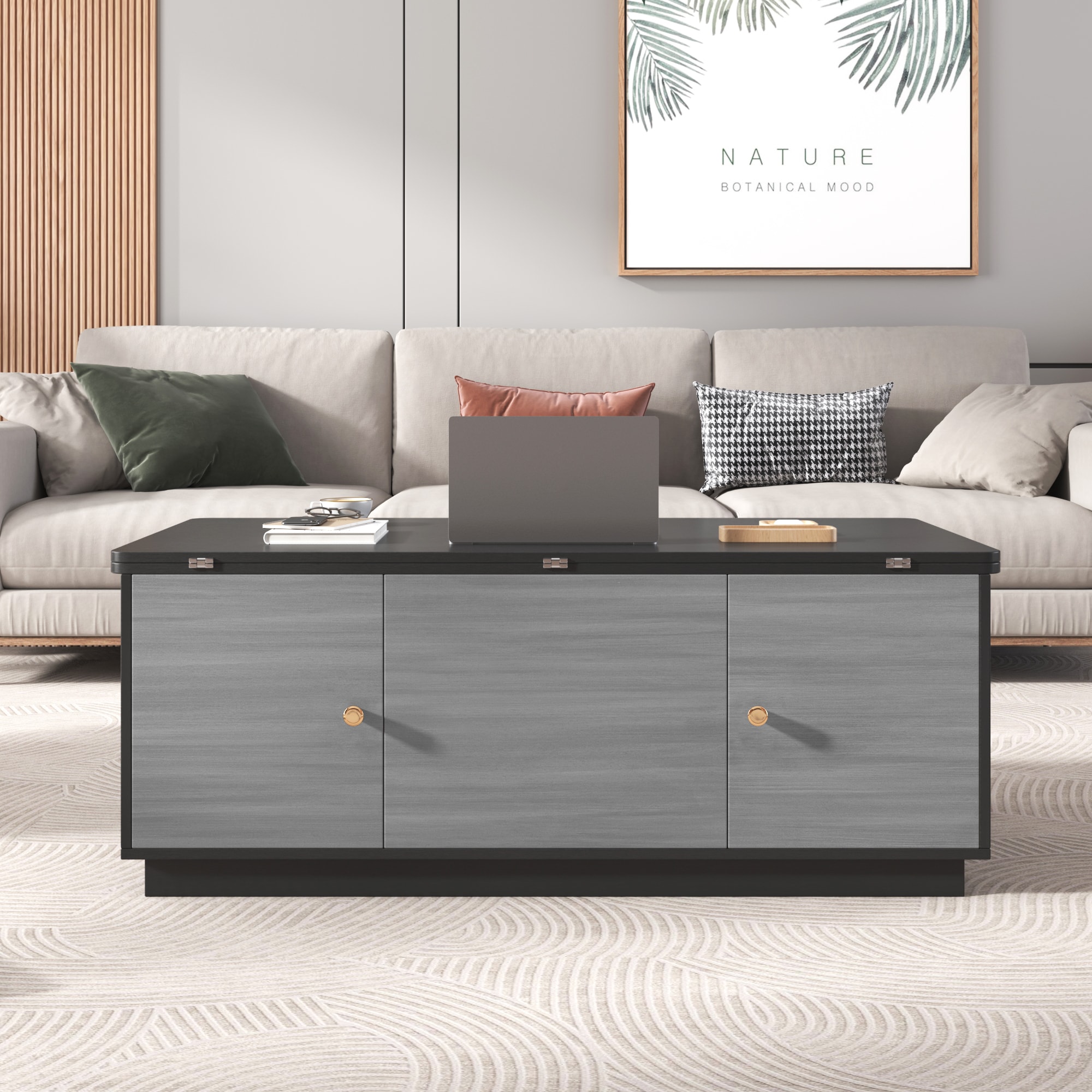 ModernLuxe L3P-WF307466AAG Modern Gray Multifunctional Rectangle Lifttop Coffee Table Extendable with Storage