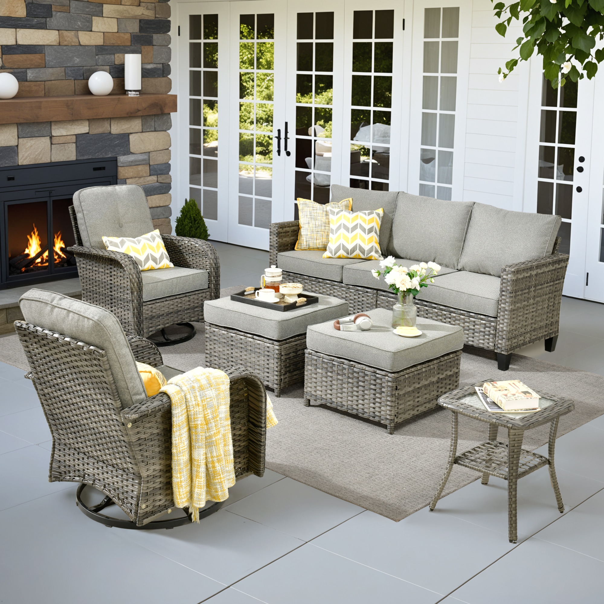 ALTRIGUS 6LYZGNCNEWGRS20061AL 6 -Piece Wicker Patio Sofa Conversation Set with Dark Gray Cushions