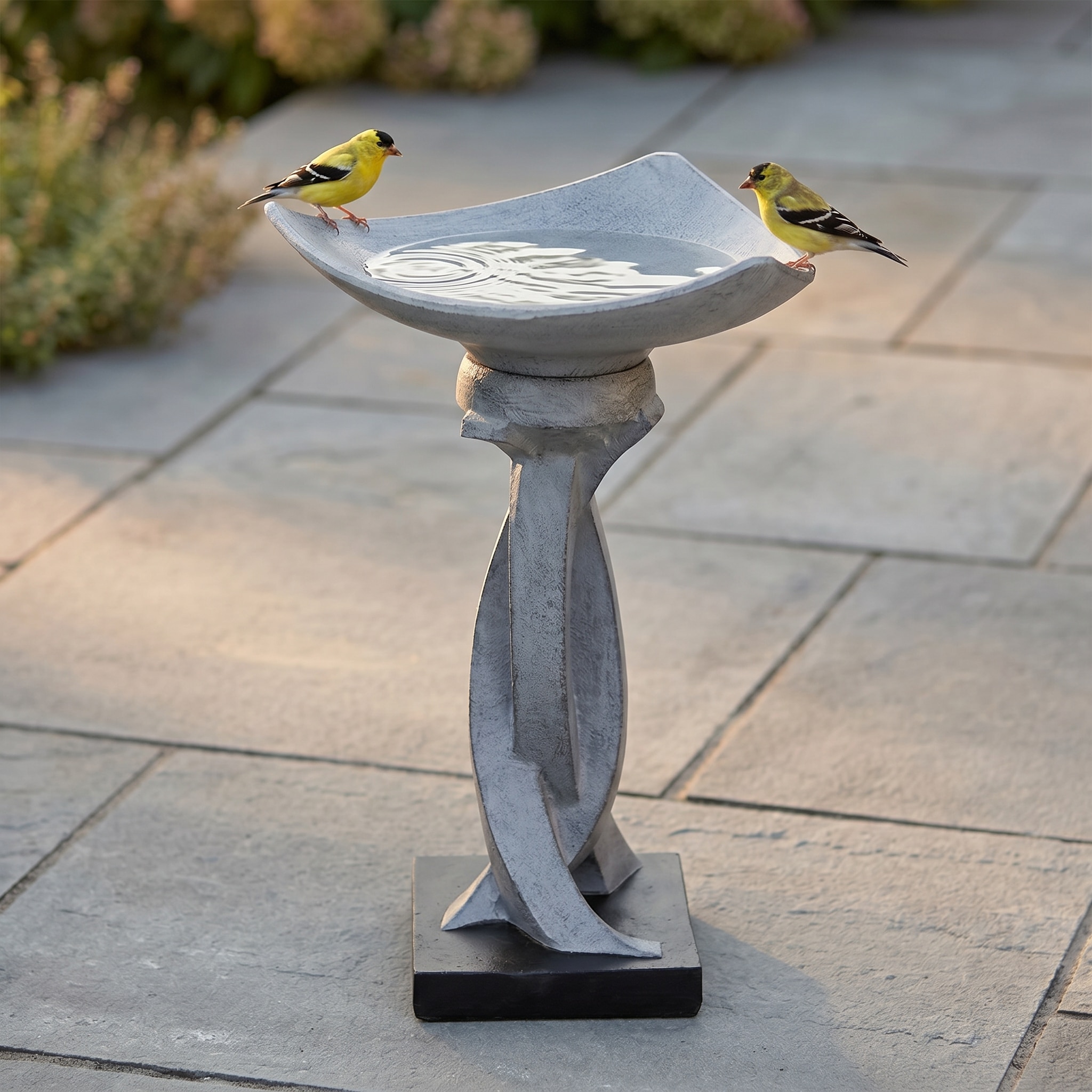 Watnature  Modern Abstract Bird Bath for Outside 14.5 Inch Wide Decorative Concrete Pedestal Birdbath Contemporary Sculpture Garden Statue for Yard Lawn Decor