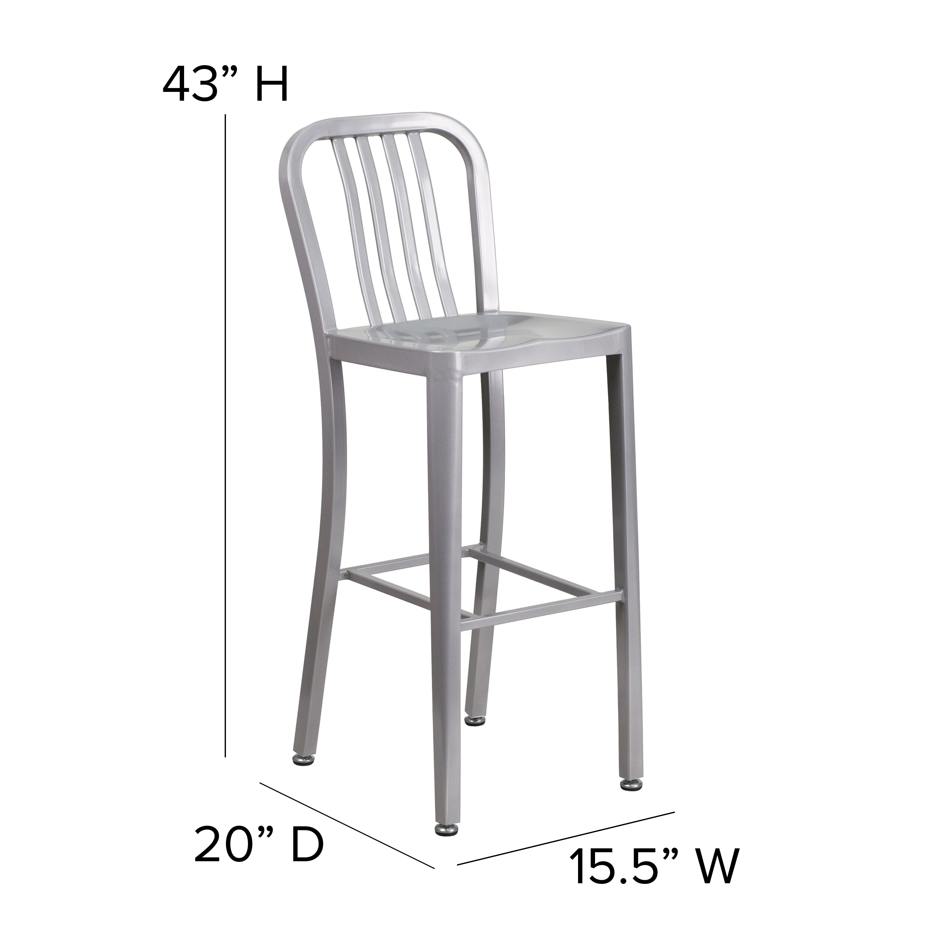 Silver Metal 30" High Indoor-Outdoor Barstool with Slat Back