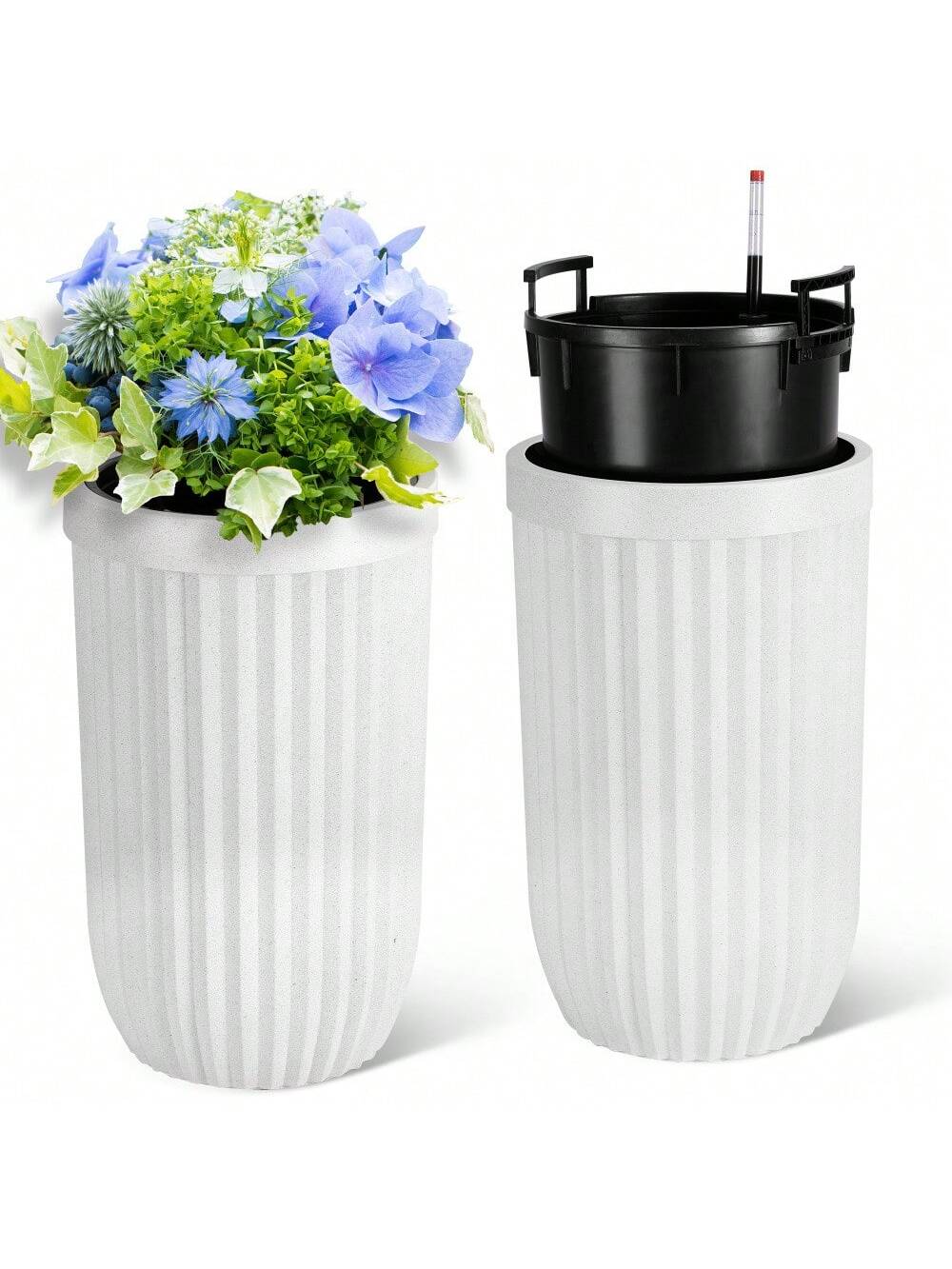 Qeetex PHO-33L985BY-HF4 23Inch/14.5Inch Tall Planters Set Of 2. 31Inch Self Watering Plant Pots With Water Level Monitoring Device And Hidden Wheels. Ideal For Living Room. Bedroom Office. Patio. Porch. Garden