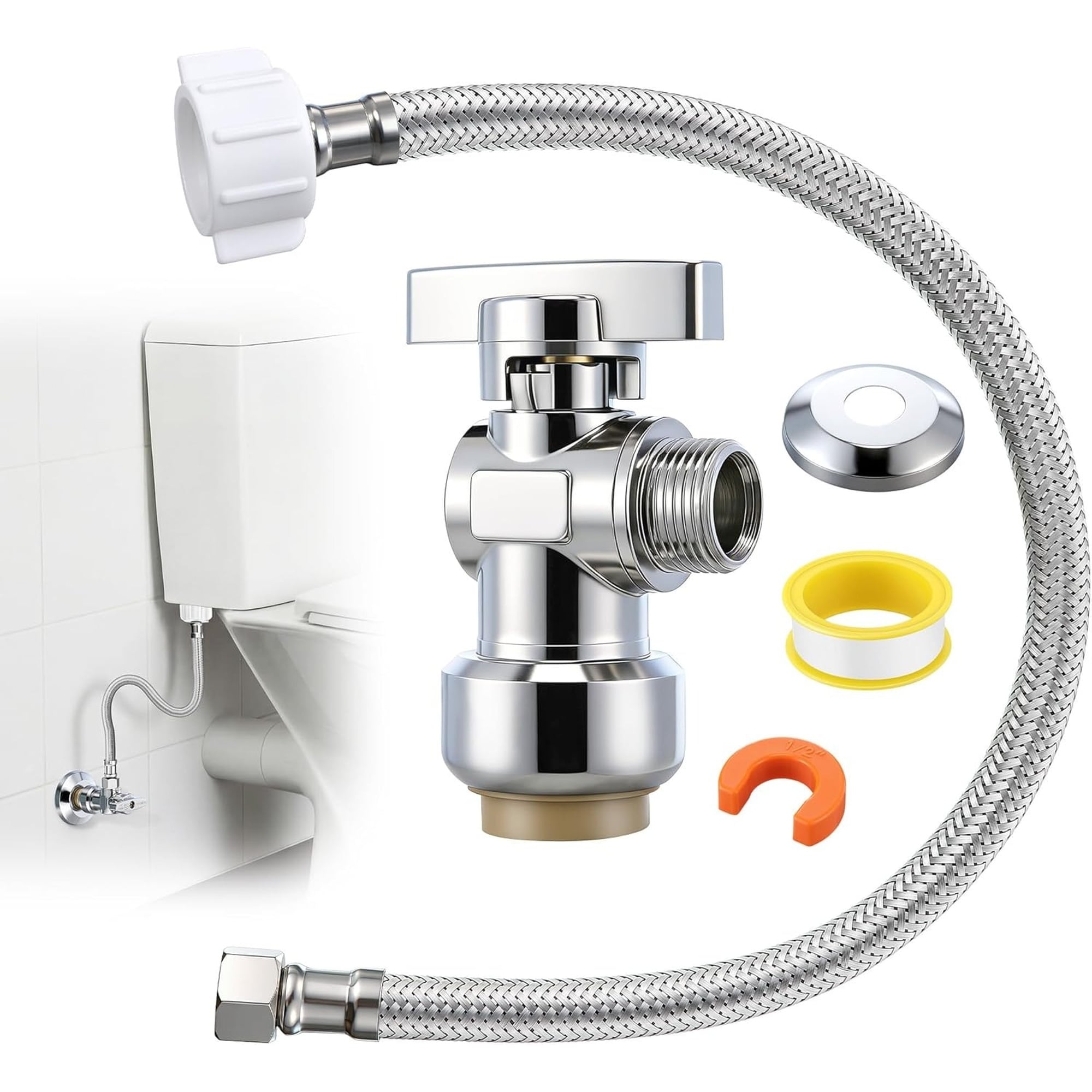 Numhew - 12in L 2-Port Brass Stainless Steel Compression Straight Stop Valve Set with 3/8in x 7/8...