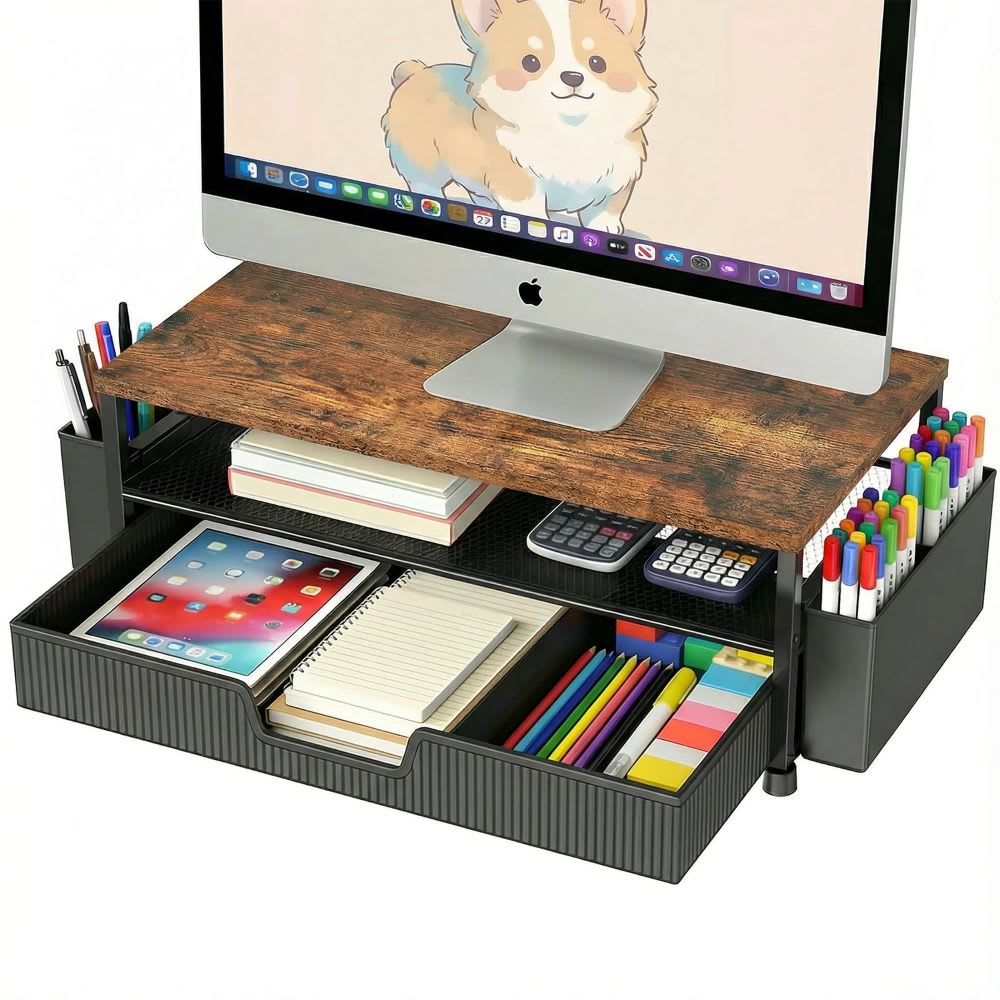 Etokfoks  1 Piece 2 Tier Desk Organizer Monitor Stand with Storage Drawer and Dual Pen Holders Supports 45lb for Desktop Laptop Printer Brown