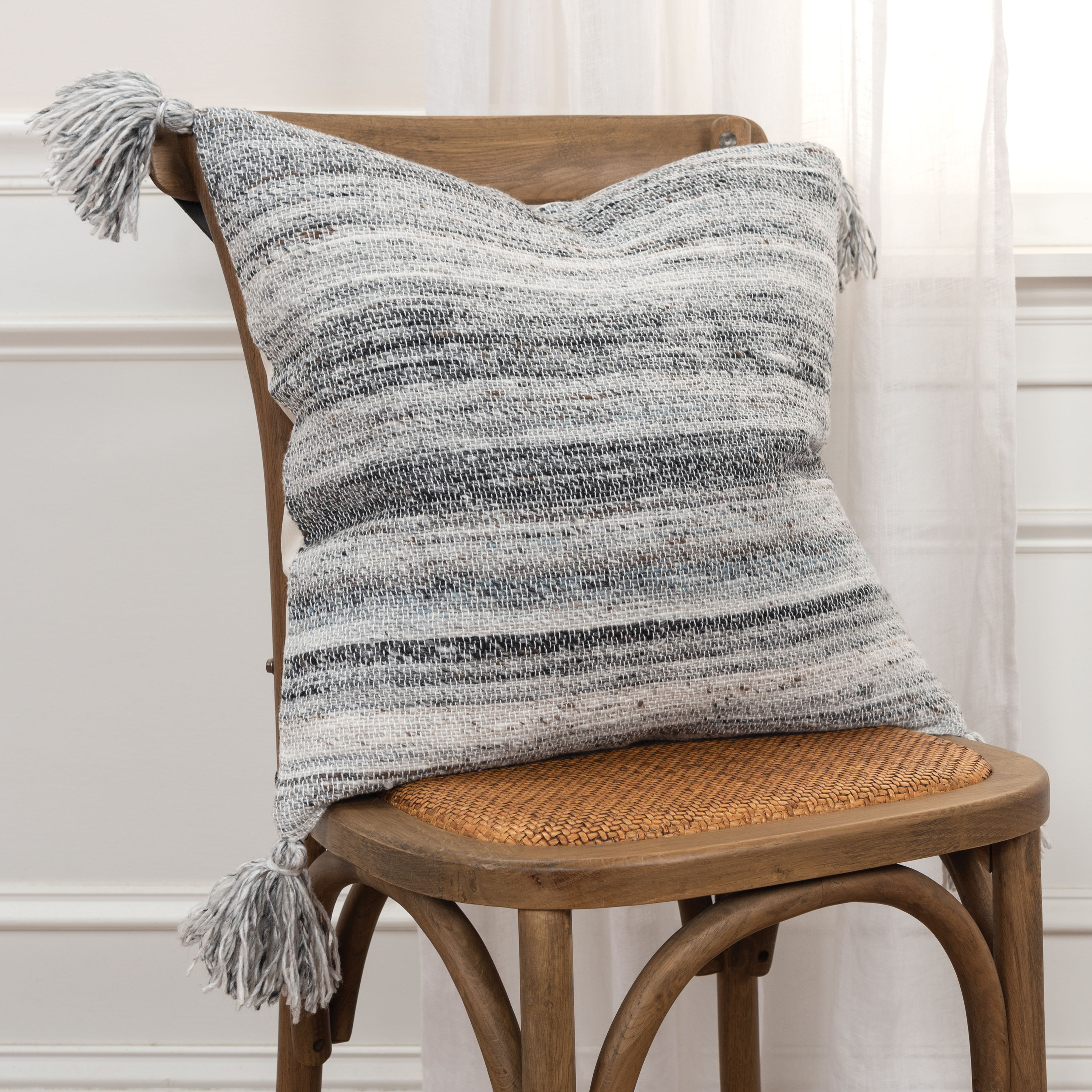 20" Gray and Charcoal Striped Tassel Throw Pillow
