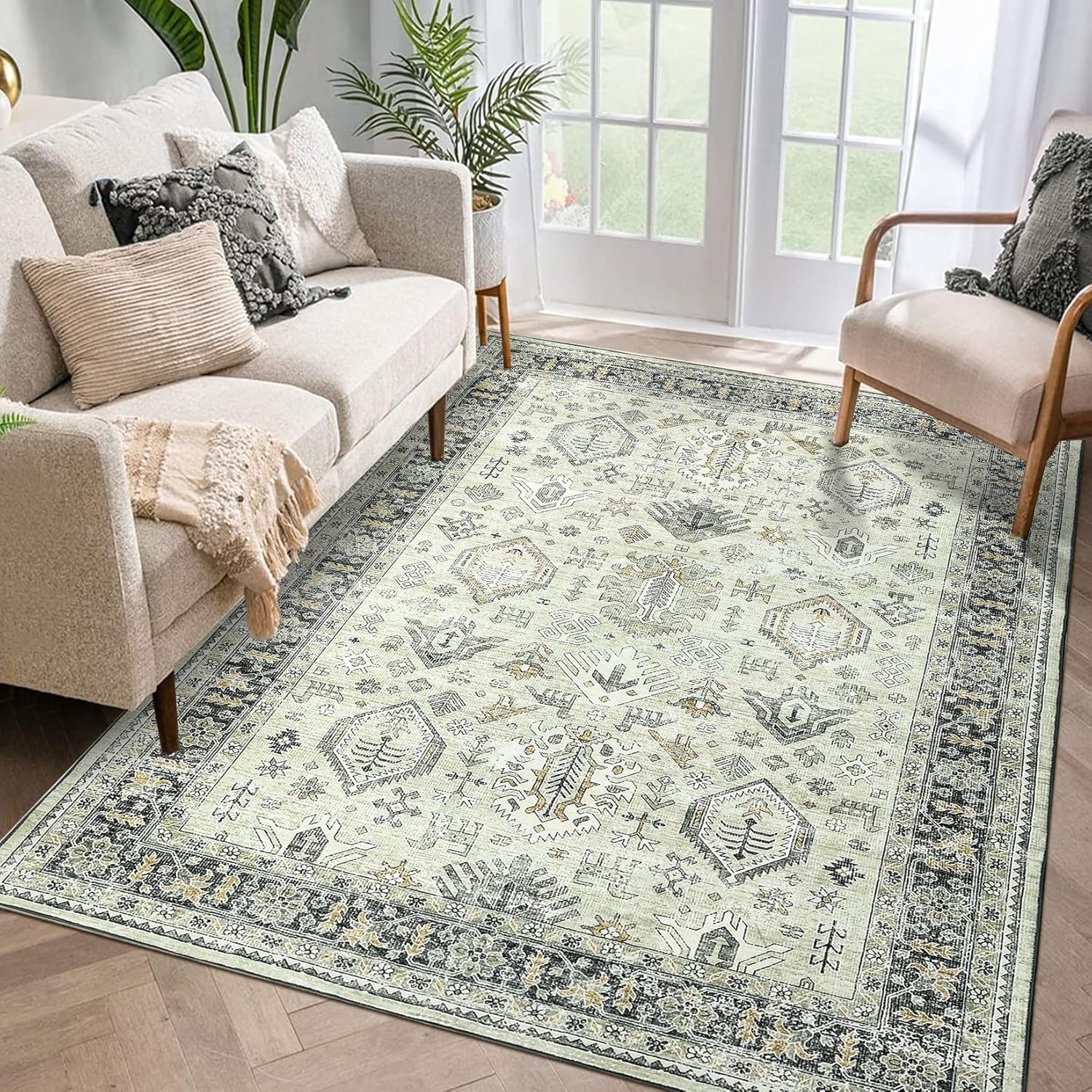 Qeetex LXL-PHO-0ZAZFQP0 GarveeHome Area Rug Large Washable Rug Non Slip Oriental Living Room Rug Vintage Floral Distressed Carpet Foldable Thin Rug Indoor Soft Farmhouse Carpet for Bedroom Nursery Dorm Green