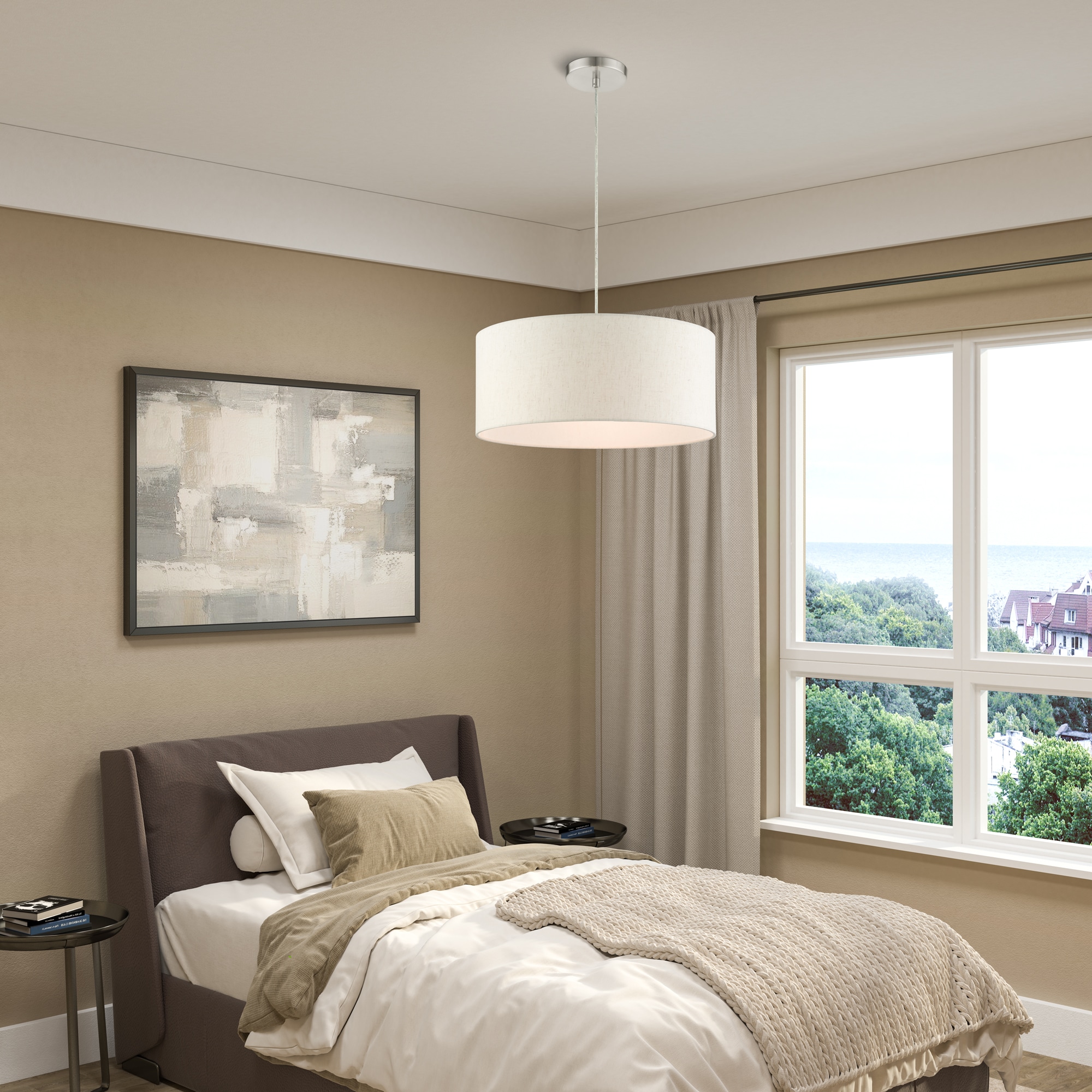 Meadow Brushed Nickel 3-Light Drum Pendant with Oatmeal Shade