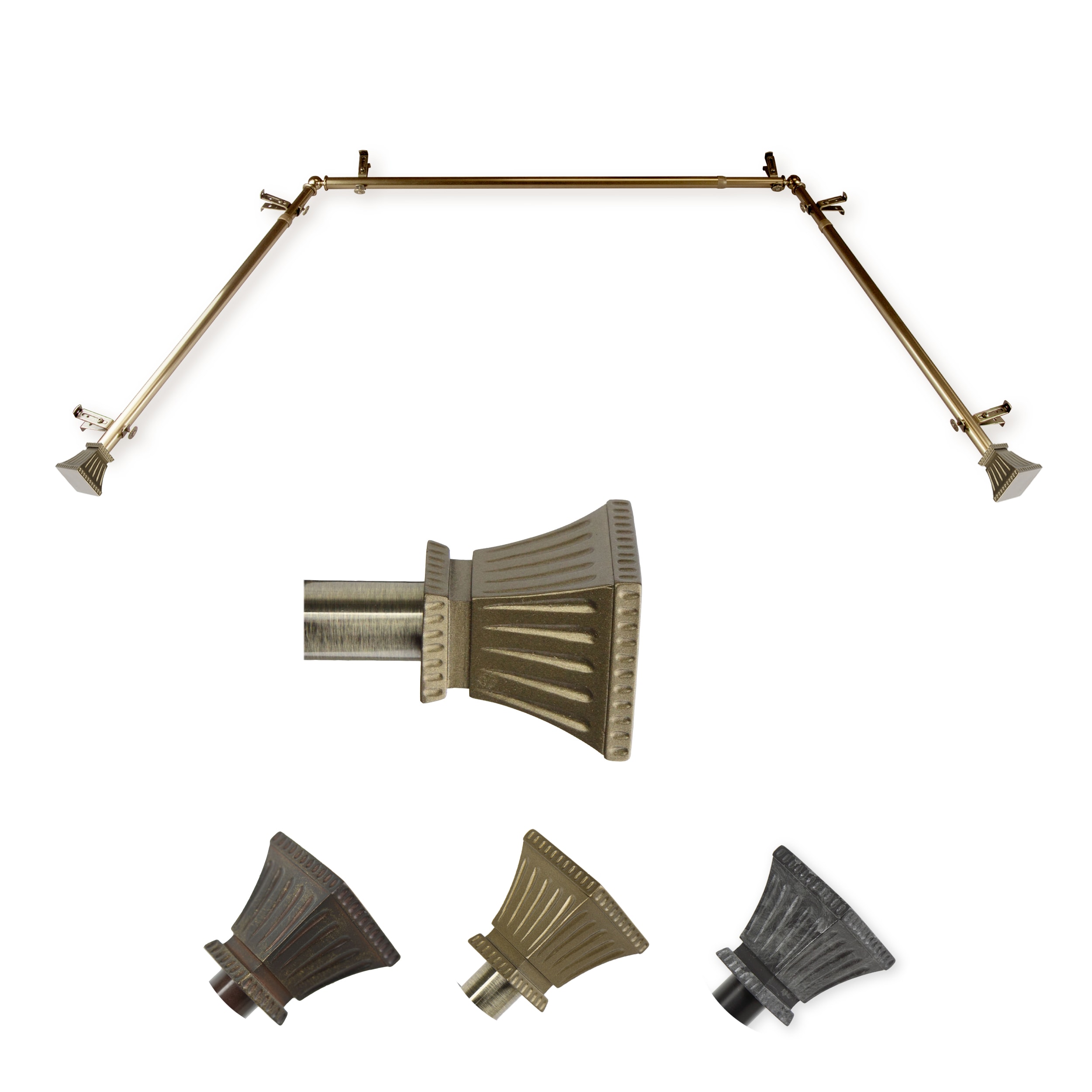 Hart & Harlow L-ABAY-01-4 Truly 13/16-in Bay Antique brass Steel Bay window curtain rod with Finials