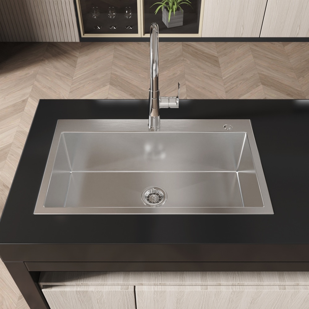 Vanityfus 32 Inch x 19 Inch S/S Kitchen Sink Single Bowl in Brushed Nickel with Drain and Hook excluding Faucet