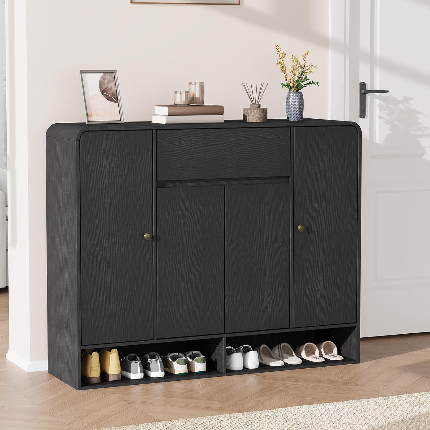 Garvee Shoe Cabinet with 4 Doors and 1 Drawer Freestanding Wood Shoe Storage Organizer with Open Bottom Shelf Modern Entryway Shoe Cabinet for Hallway Foyer Black