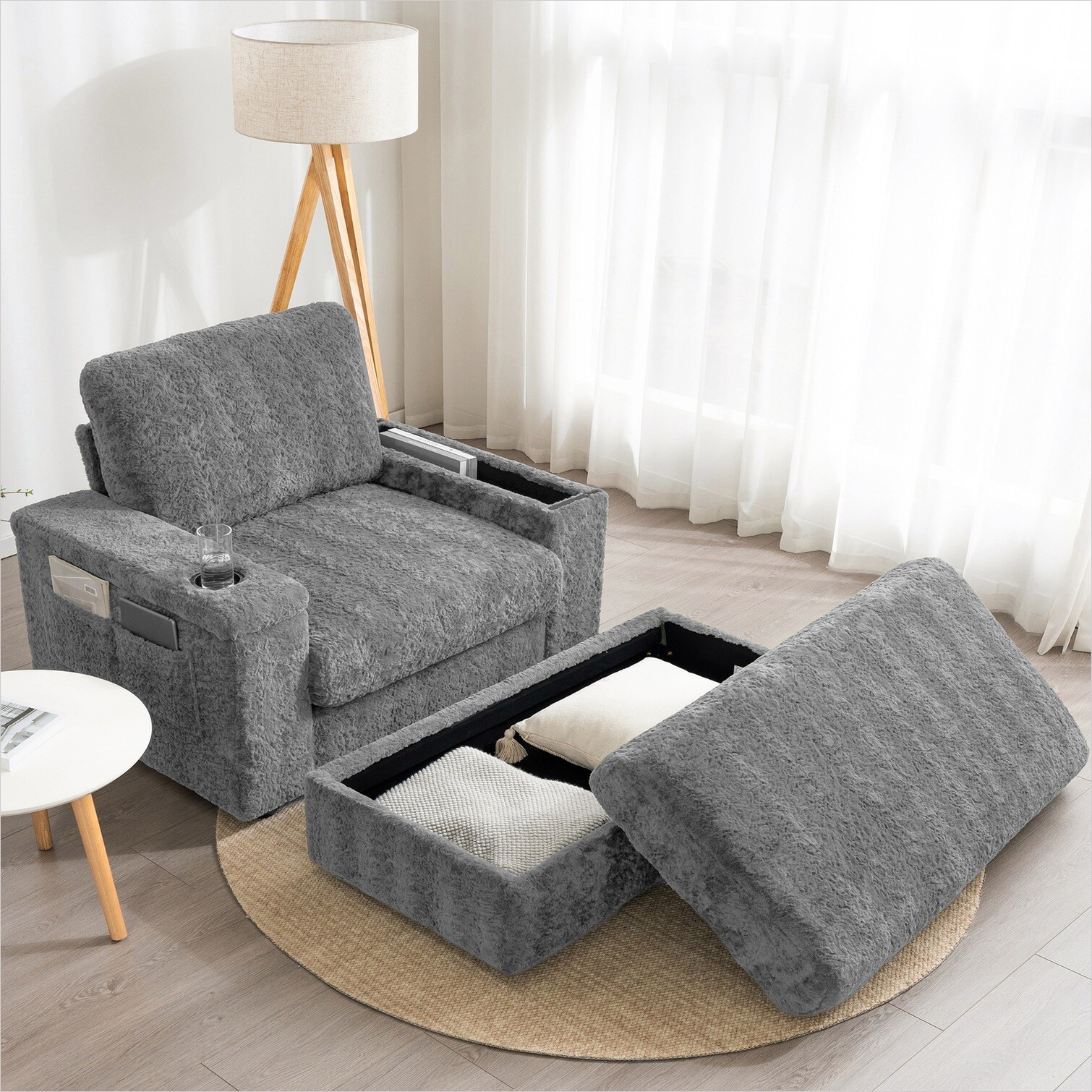 SUNCREAT Cool Gray Faux Rabbit Fur Single Sofa Chaise with Storage ...