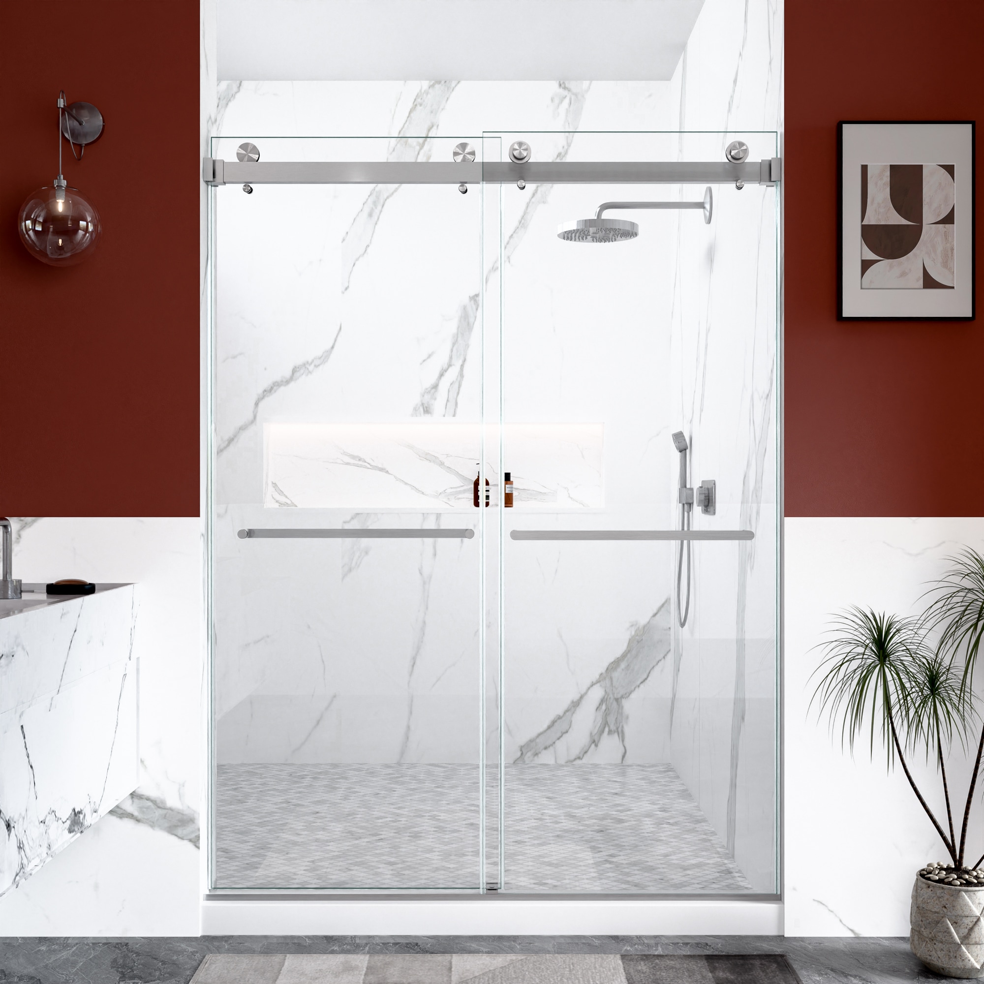 WELLFOR Double Sliding Brushed Nickel 56-in to 60-in W x 80-in H Frameless Clear Glass Sliding Shower door