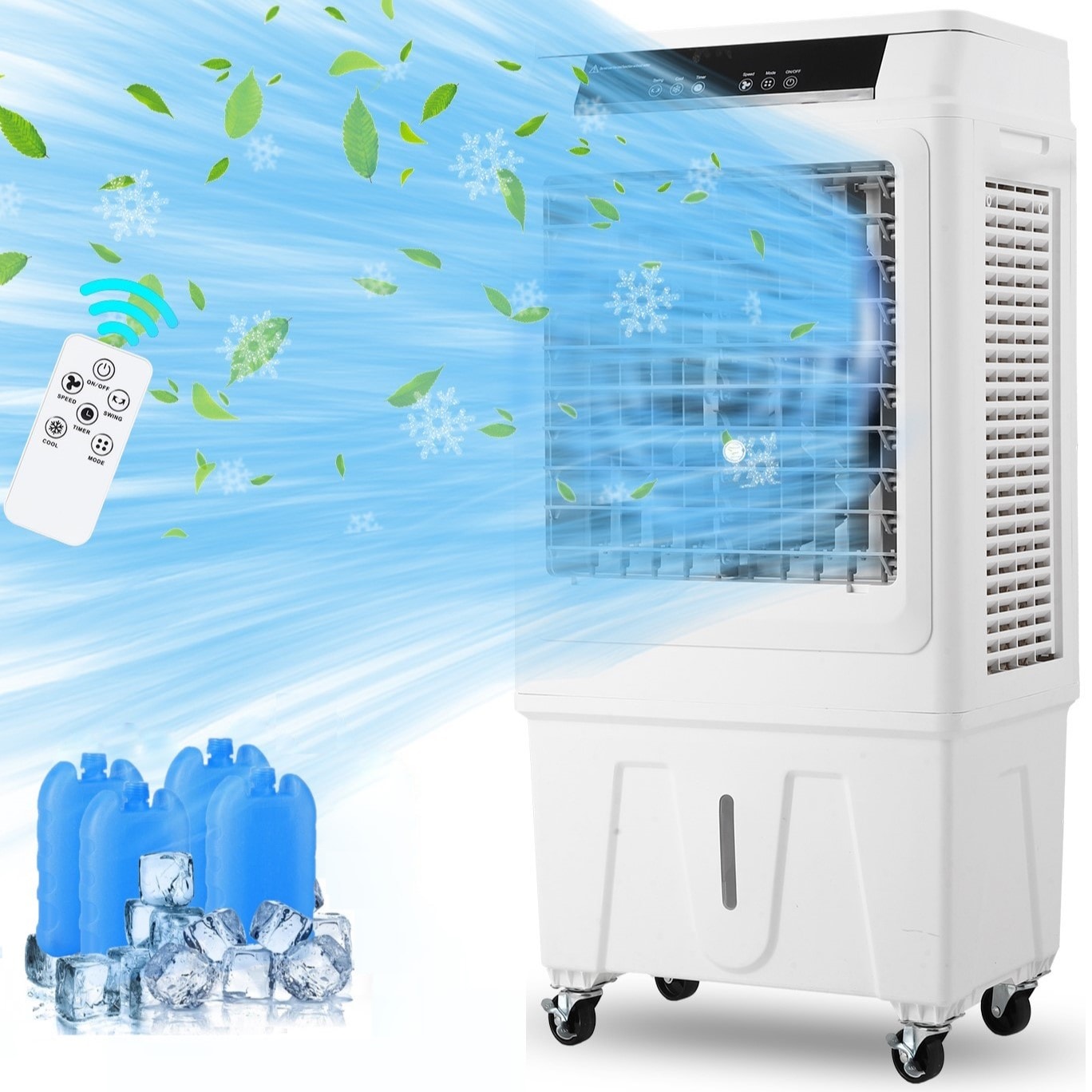 IdealHouse Evaporative Swamp Cooler 3000 CFM Remote Control 4 Ice Packs 3 Speeds Modes 12H Timer 10.3 Gallon Tank For Indoor Outdoor Use