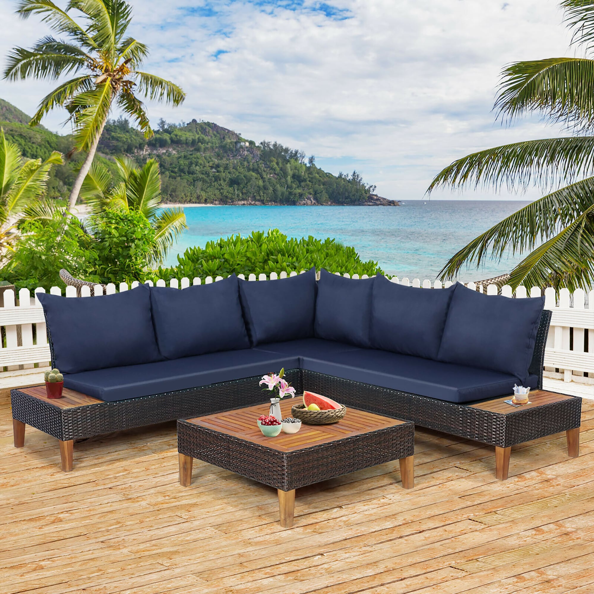 BABOOM BOM-0643-CO 4 -Piece Rattan Patio Conversation Set with Blue Polyester Cushions