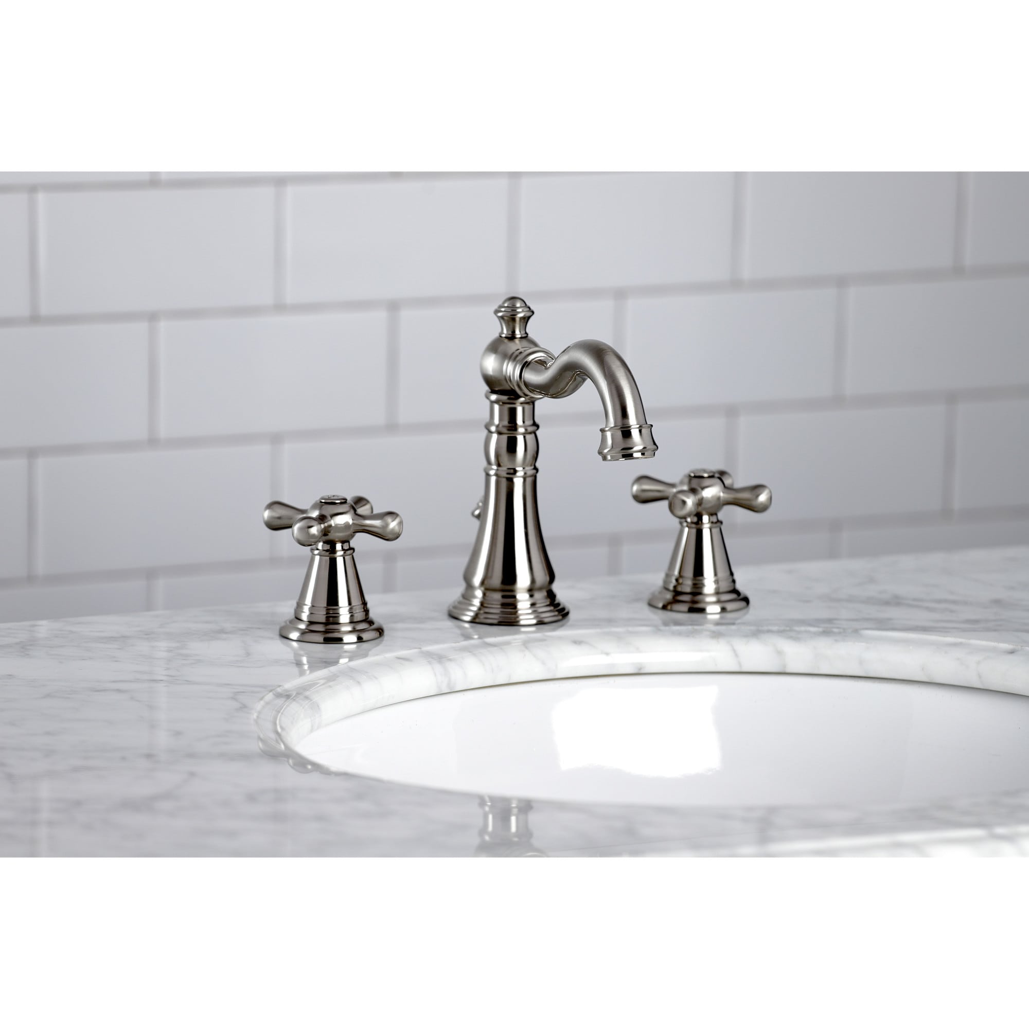 Kingston Brass WLFSC1978AAX American Classic Brushed nickel Widespread 2-handle Low-arc Residential Handle Bathroom Sink Faucet with Drain