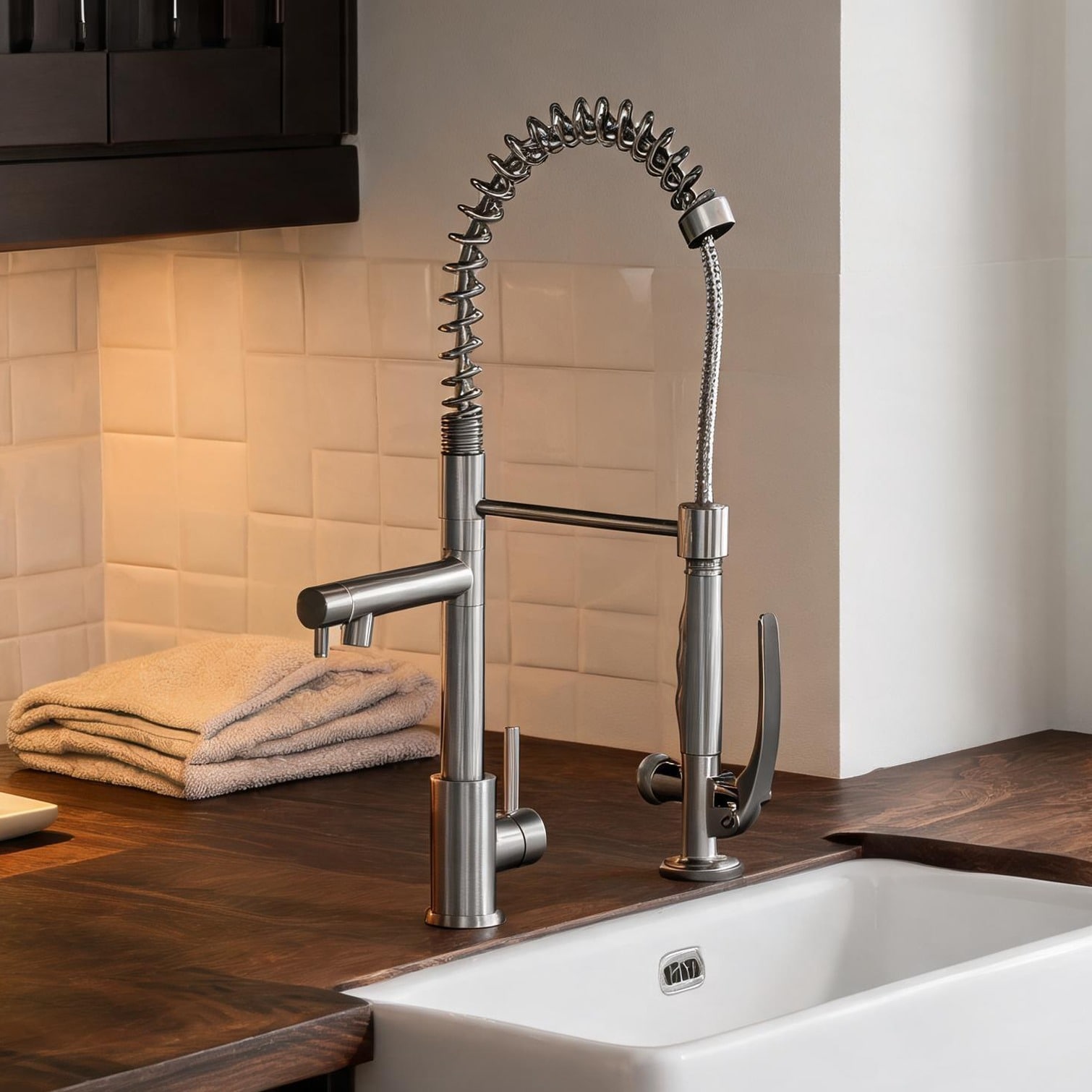 Naturefalls Brushed Nickel Stainless Steel Kitchen Faucet with Pull-Down Sprayer and Pot Filler
