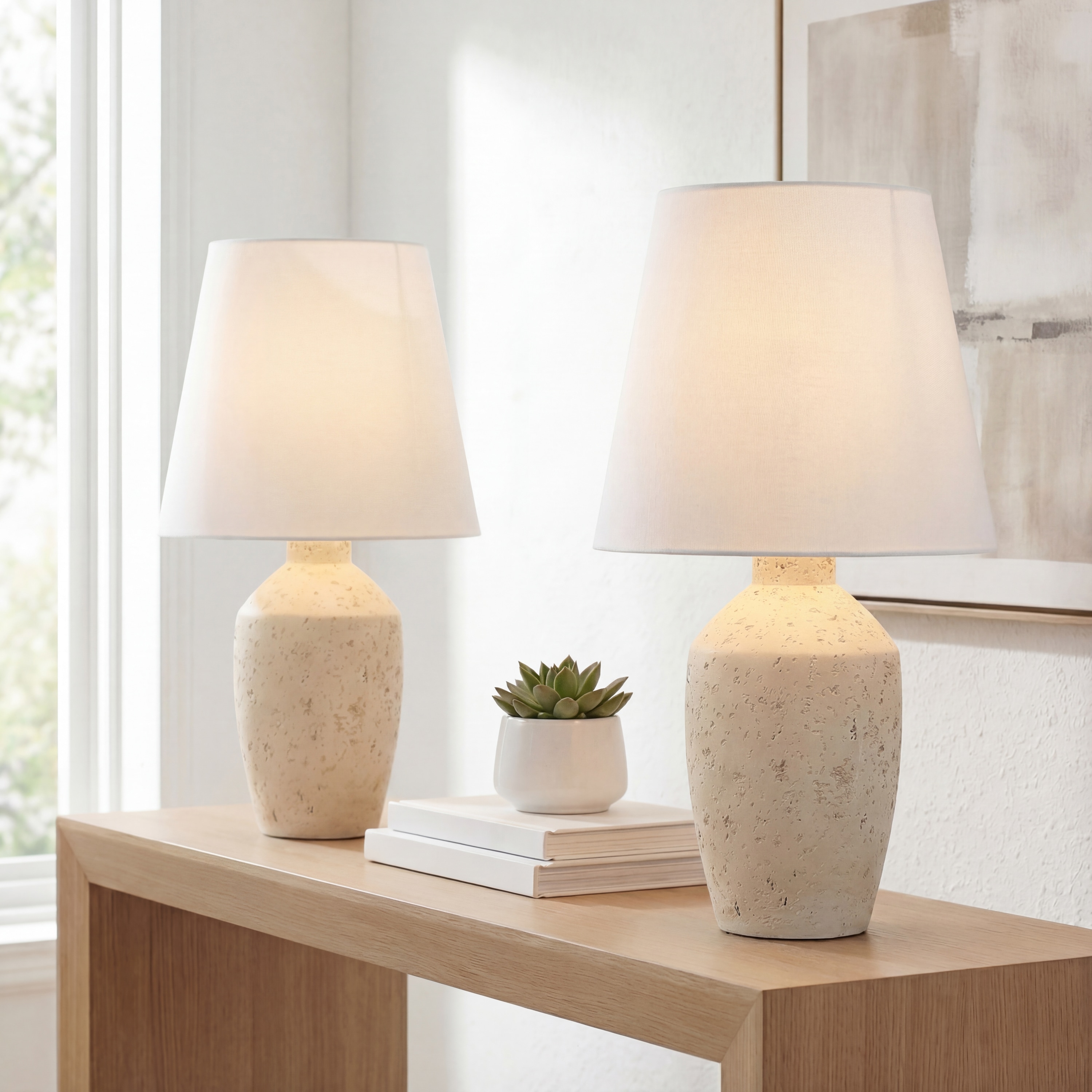 JONATHAN  Y Xander Concrete Effect Resin/Iron Ginger Jar 19.25-in Matte Cream LED Rotary socket Table Lamp with Linen Shade 2 -Set