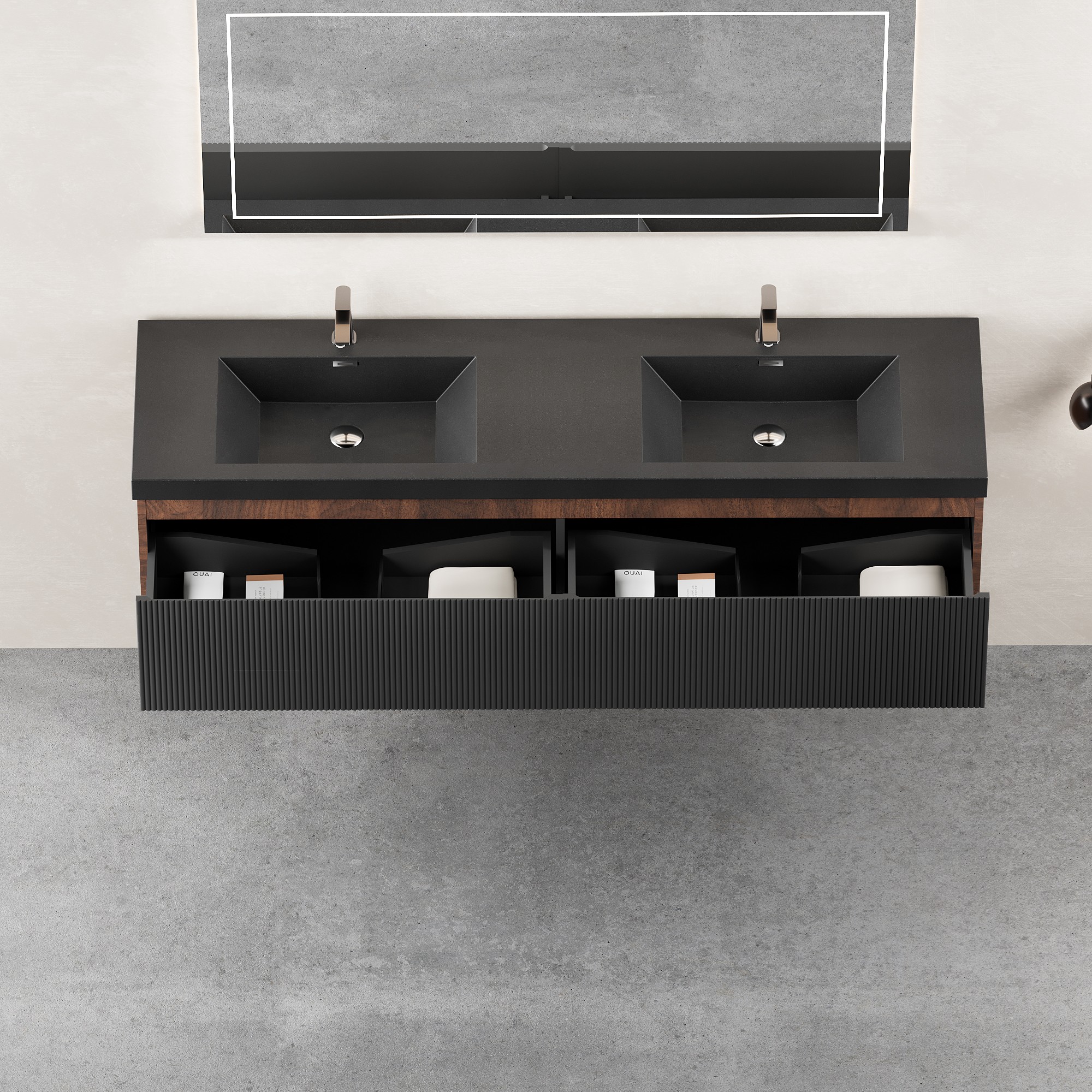 Poinic YFLA16 72-in Smoked Walnut and Ink Black Double Sink Bathroom Vanity with Matte Black Engineered Stone Top (Fully Assembled)