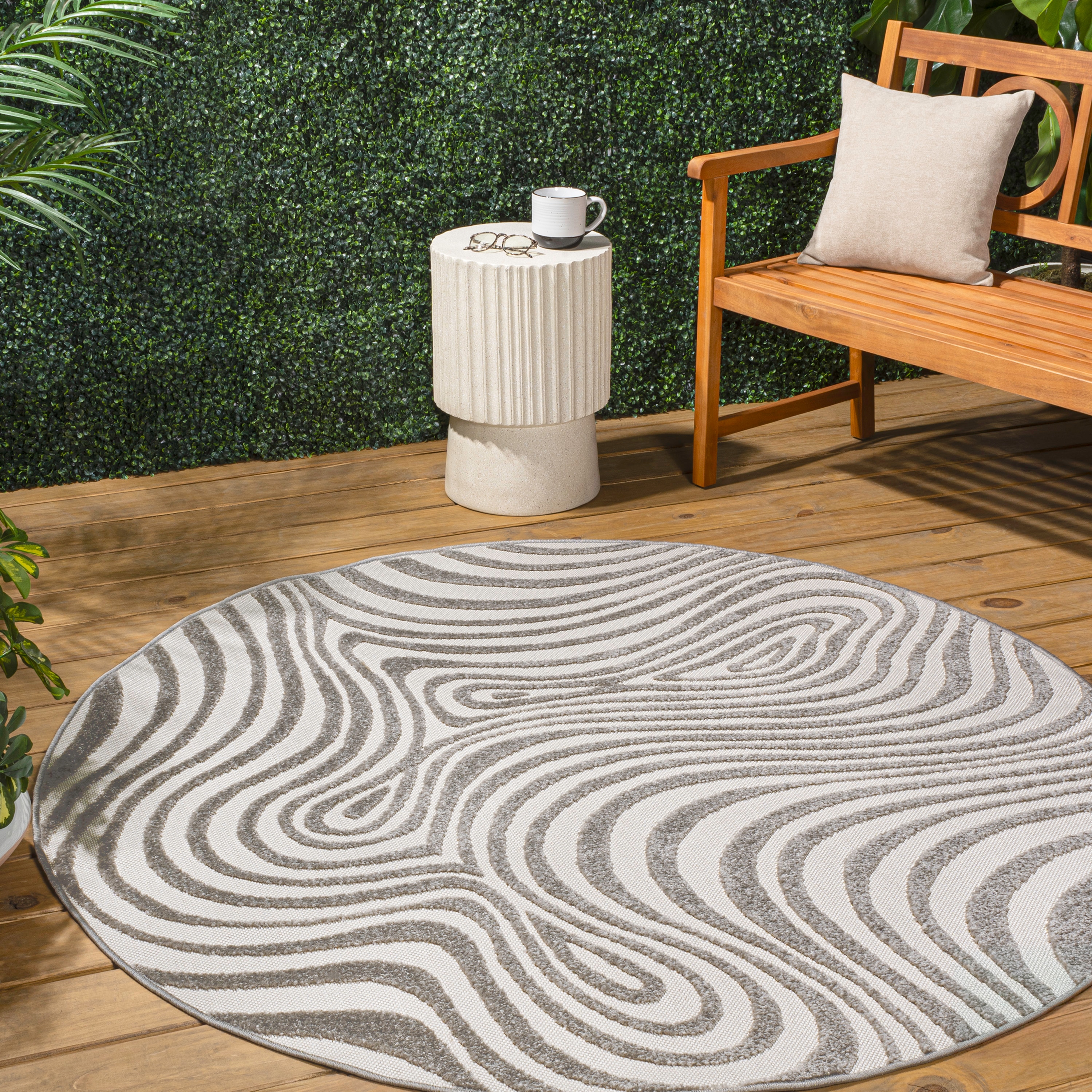 JONATHAN  Y SCN103B-9R SCANDINAVIAN Maribo High-Low Groovy Striped 9 x 9 (ft) Polypropylene Gray/Ivory Round Indoor Stripe Mid-Century Modern Area rug