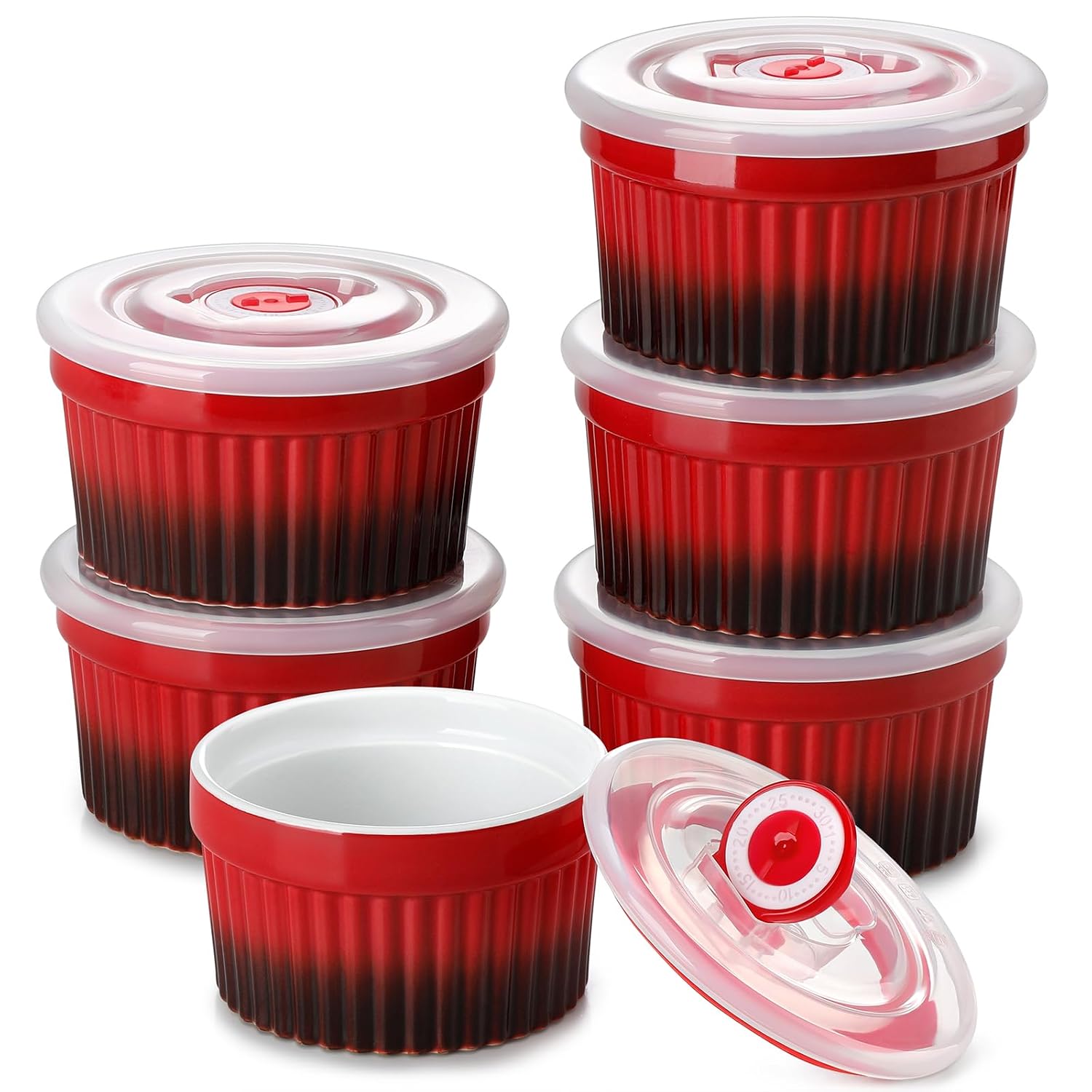 CHEFMADE 8 oz Porcelain Ramekins with Airtight Lids Oven and Dishwasher Safe Souffle Custard Cups for Baking Set of 6