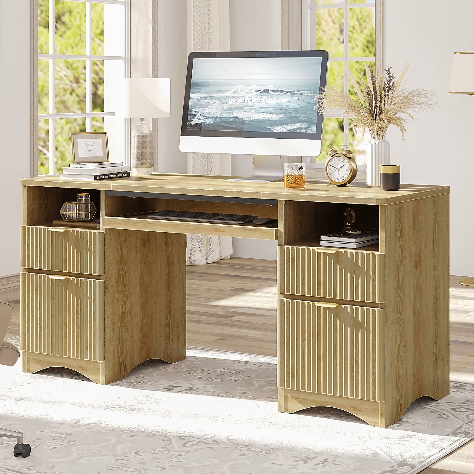 Bestier LOW-H106115K-LOG 59.06-in W 4-Drawer Oak Computer Desk with Keyboard Tray