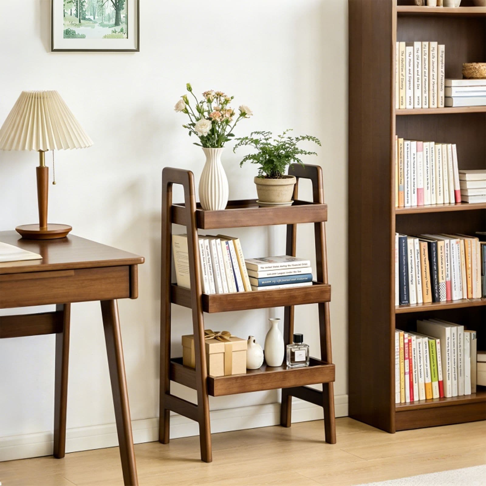 JUSHUA - 100 Percent Solid Wood Ladder Shelf 3 Tier Small Ladder Bookshelf Freestanding Ladder Sh...